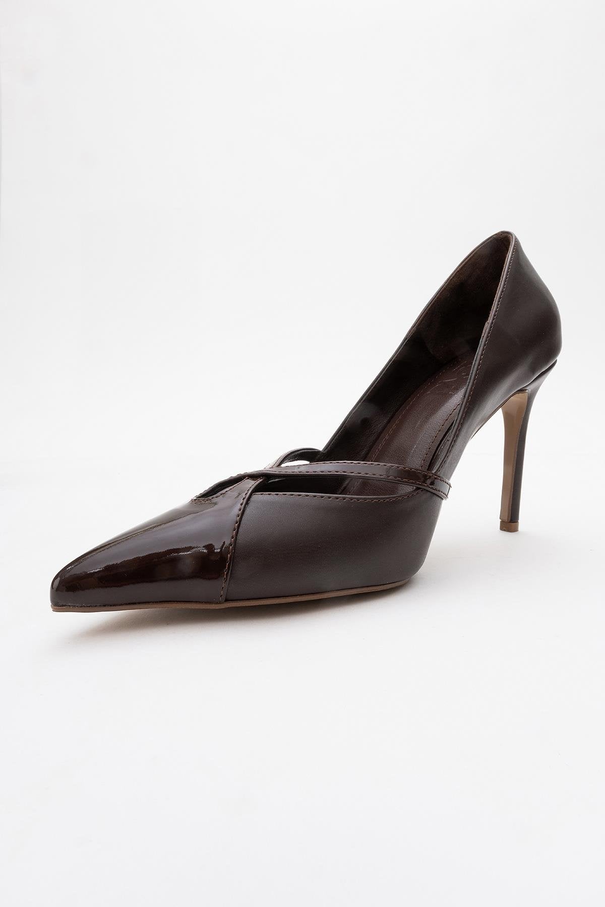Ruby - Brown Patent Detail High Heel Shoe – heel view showing leather, SimmiUnique