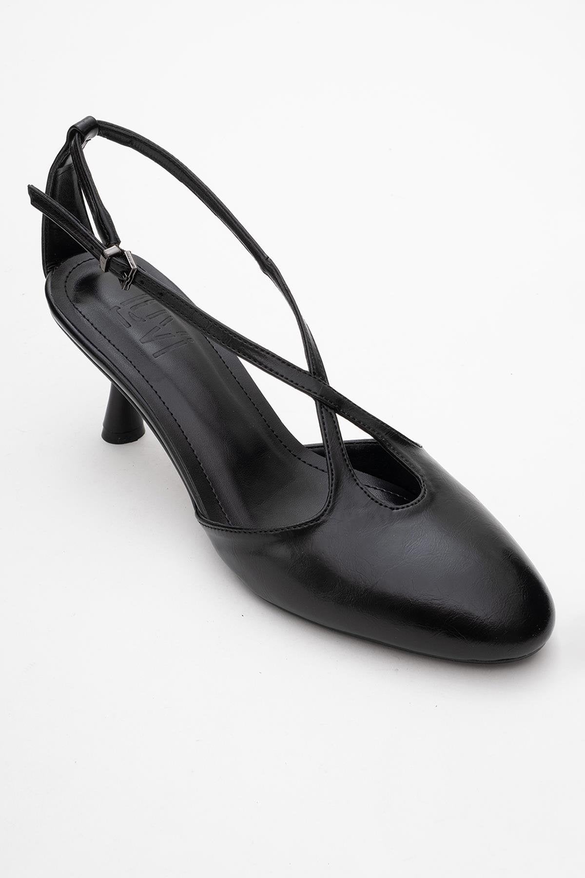 Agves - Black Heeled Sandal – detail view showing leather, black, SimmiUnique
