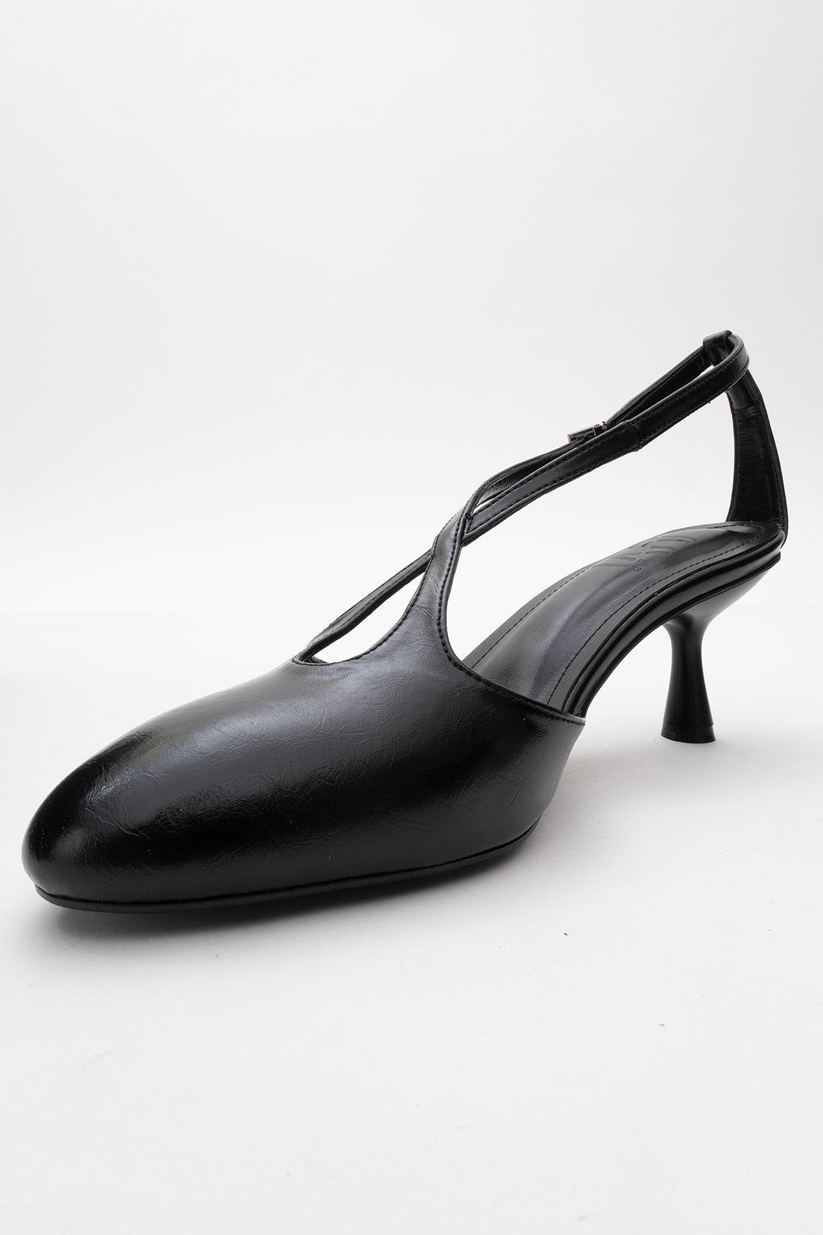 Agves - Black Heeled Sandal – heel view showing leather, black, SimmiUnique