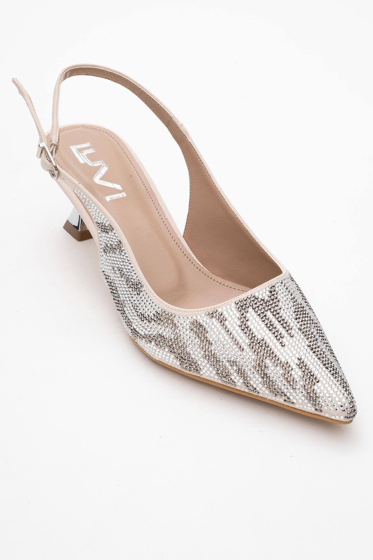 Ushes - Beige Short Heel Dress Shoe – detail view showing satin, leather, SimmiUnique