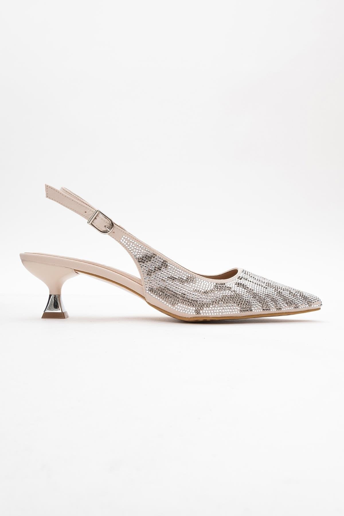 Ushes - Beige Short Heel Dress Shoe – top view showing satin, leather, SimmiUnique