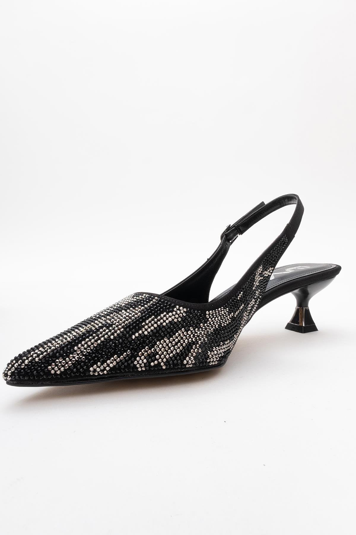 Ushes - Black Short Heel Dress Shoe – heel view showing satin, leather, black, SimmiUnique