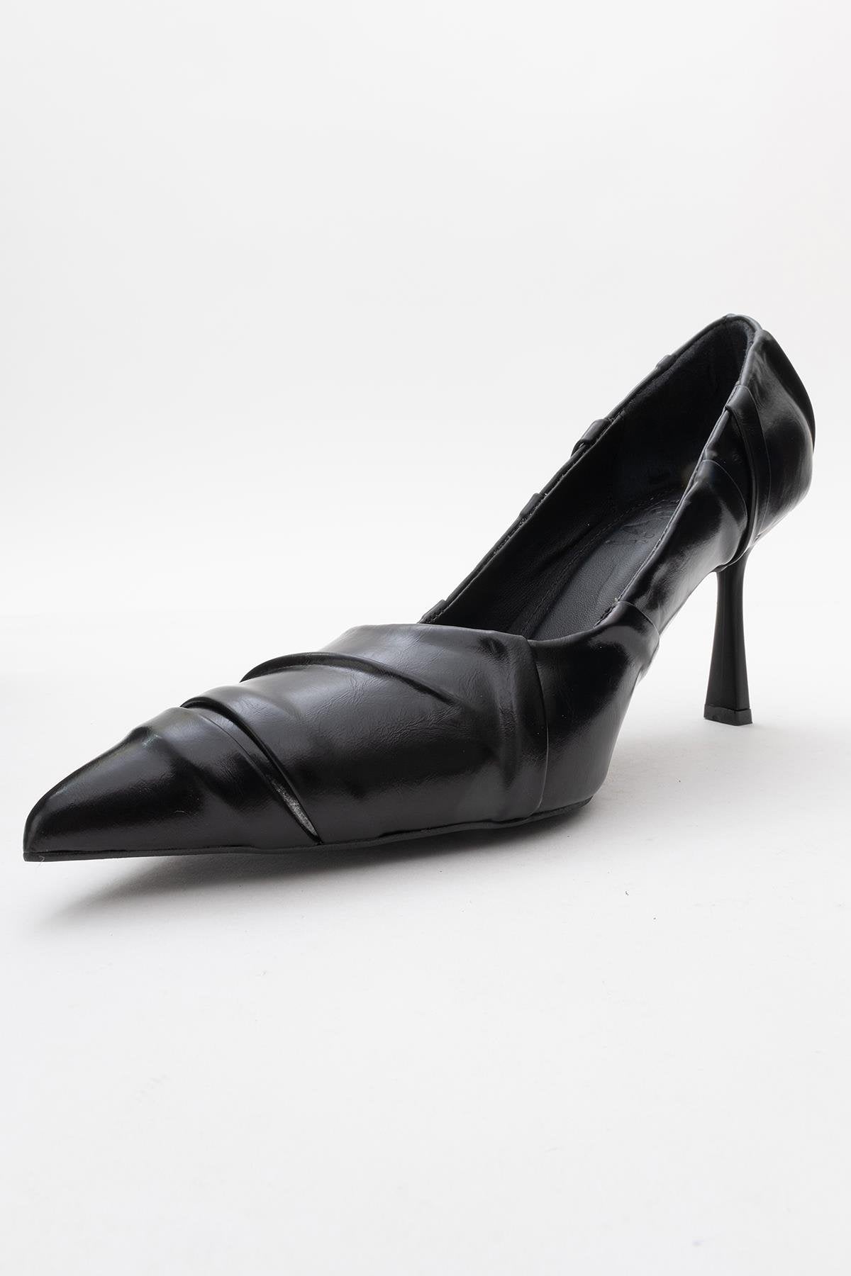 Anly - Black Slim Heel Pump – heel view showing leather, black, SimmiUnique