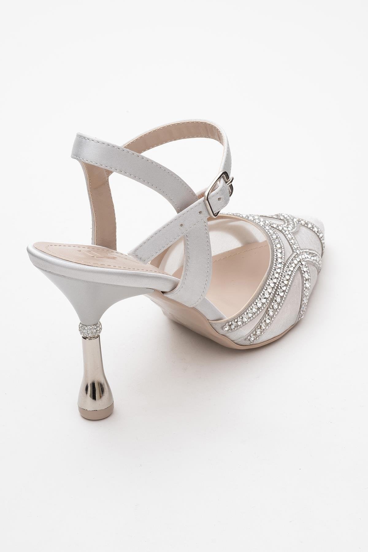 Volby - Silver Embellished Evening Shoe – back view showing satin, leather, silver, SimmiUnique