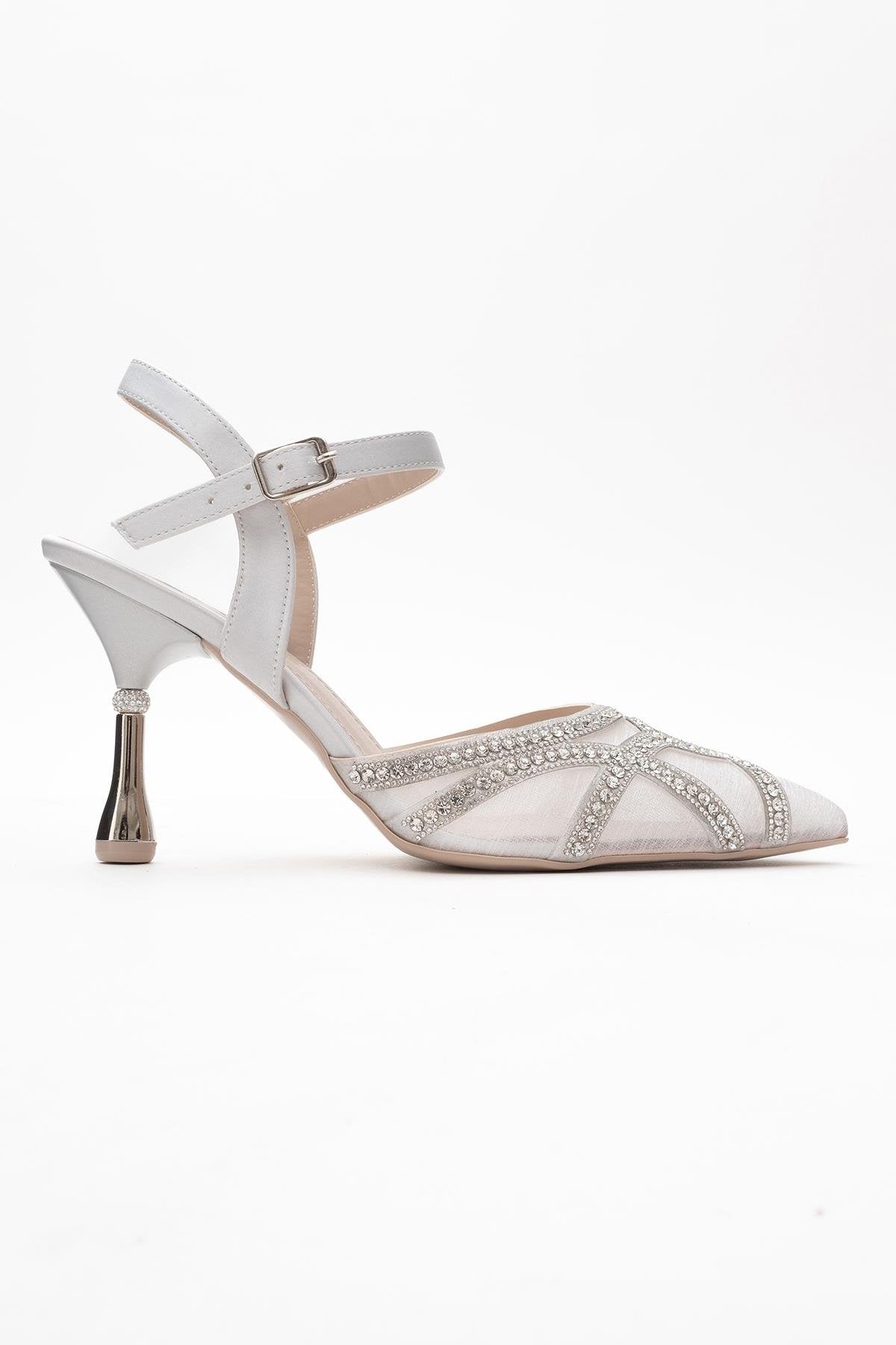 Volby - Silver Embellished Evening Shoe – top view showing satin, leather, silver, SimmiUnique
