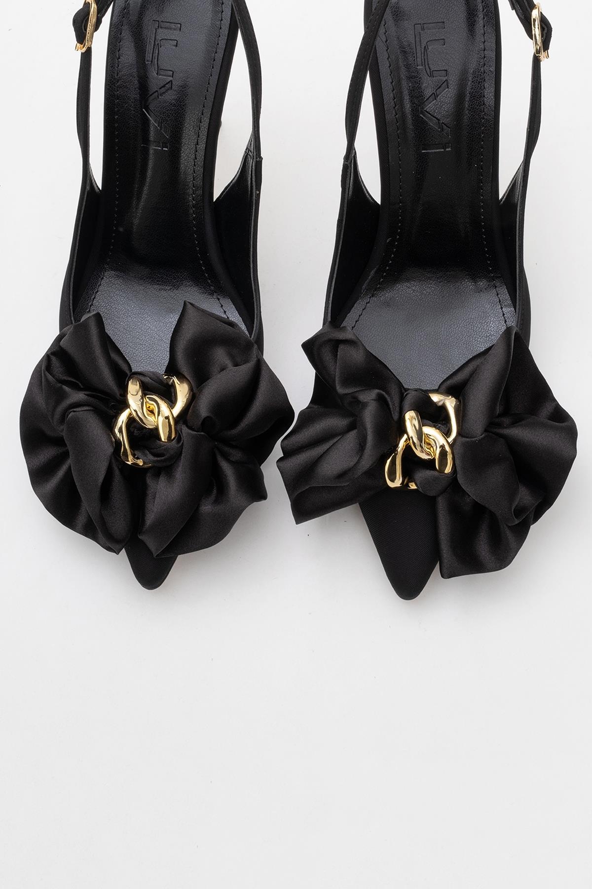 Noria - Black Floral Slim Heel Pump – side view showing leather, black, SimmiUnique