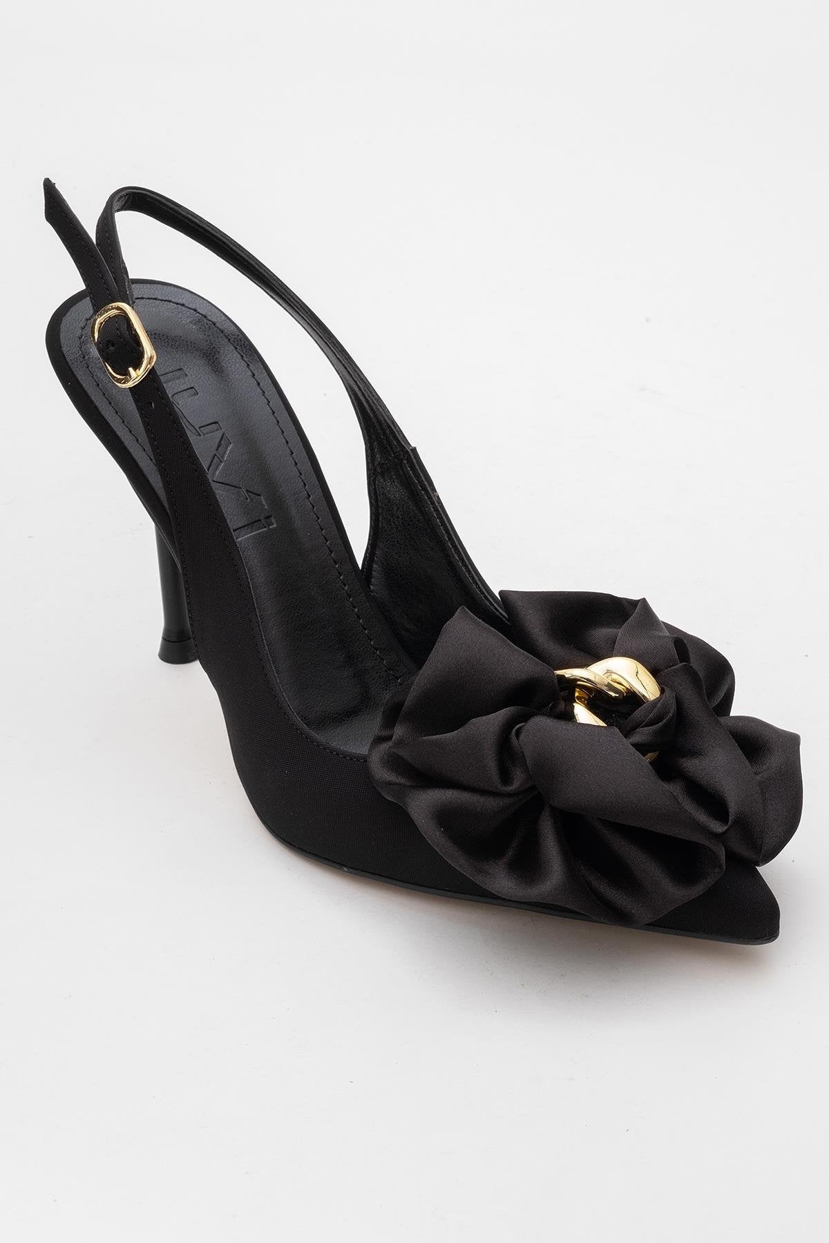 Noria - Black Floral Slim Heel Pump – detail view showing leather, black, SimmiUnique