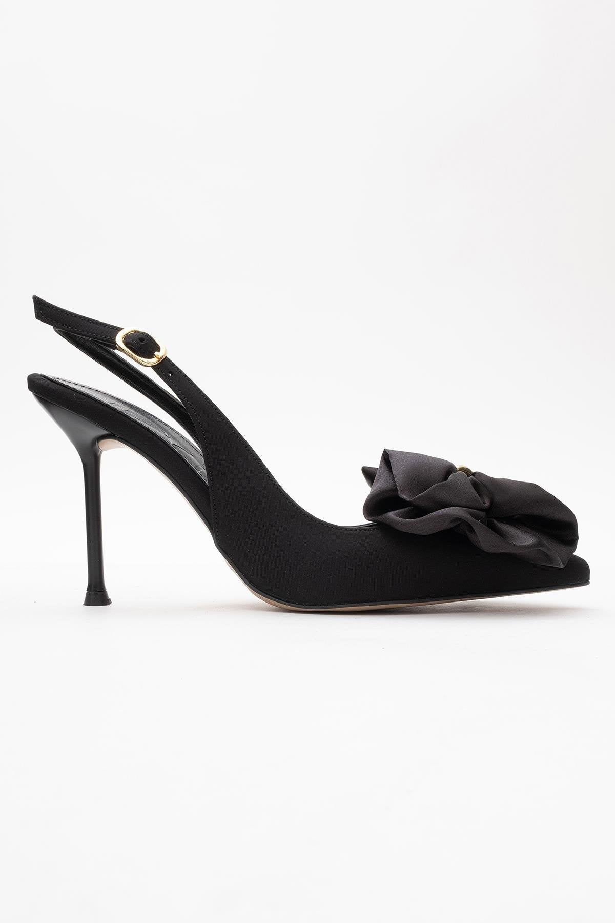 Noria - Black Floral Slim Heel Pump – top view showing leather, black, SimmiUnique