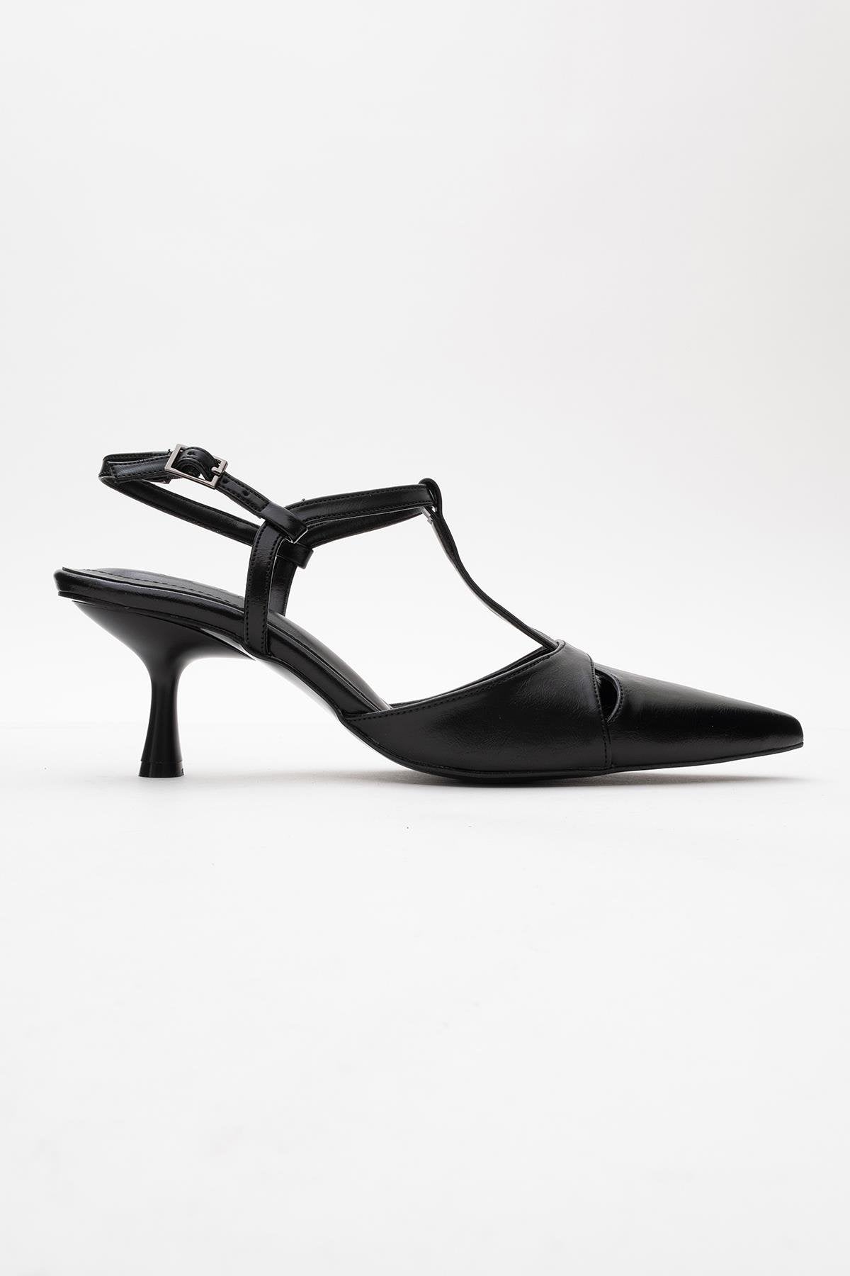 Abelia - Black Slim Heel Pump – top view showing leather, black, SimmiUnique