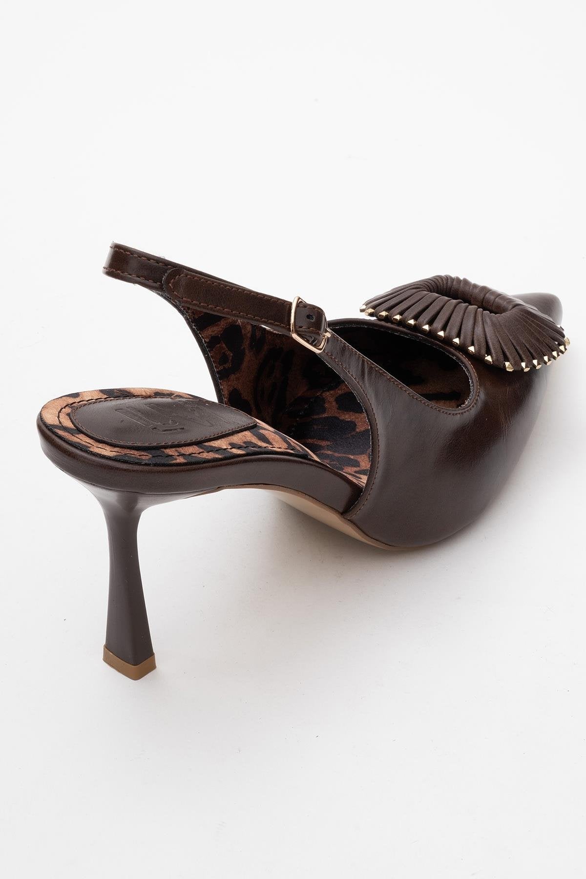 Spera - Brown Patterned Buckle Slingback Stiletto – back view showing leather, SimmiUnique