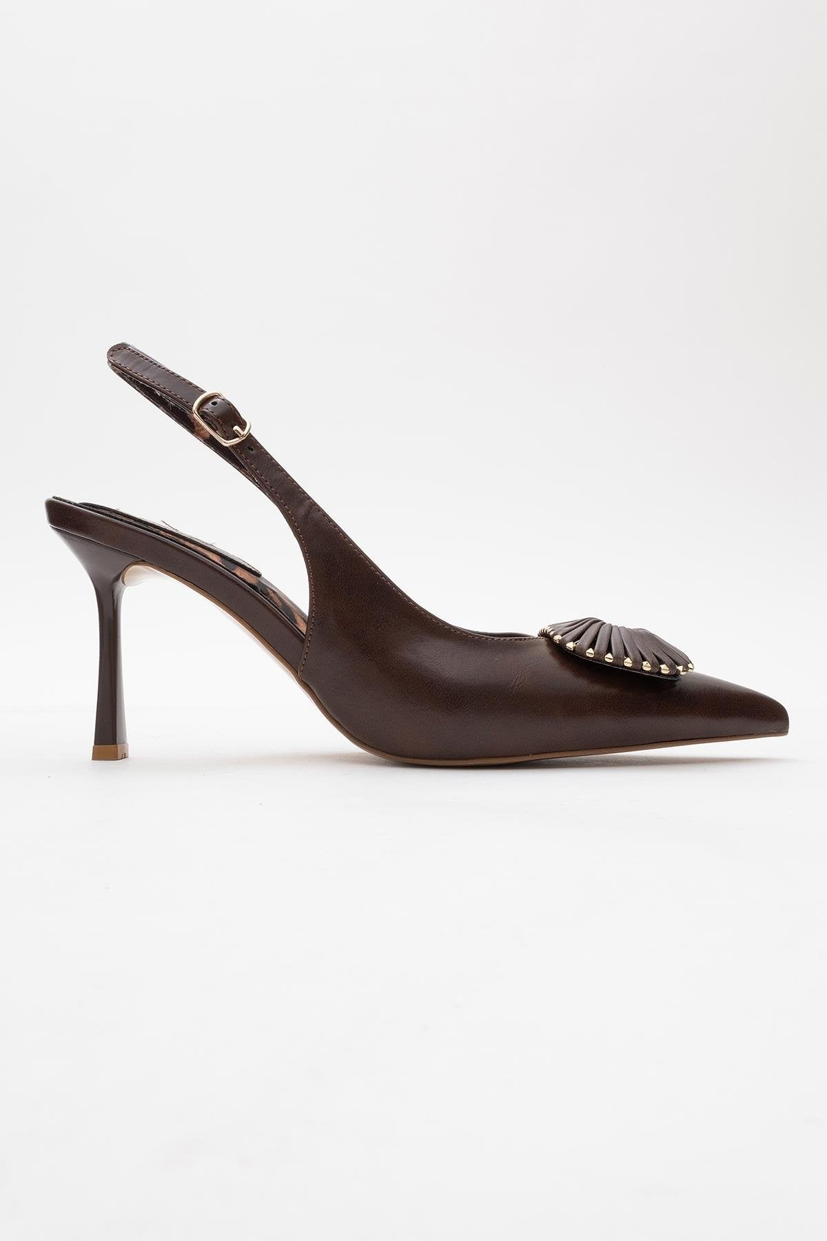 Spera - Brown Patterned Buckle Slingback Stiletto – top view showing leather, SimmiUnique