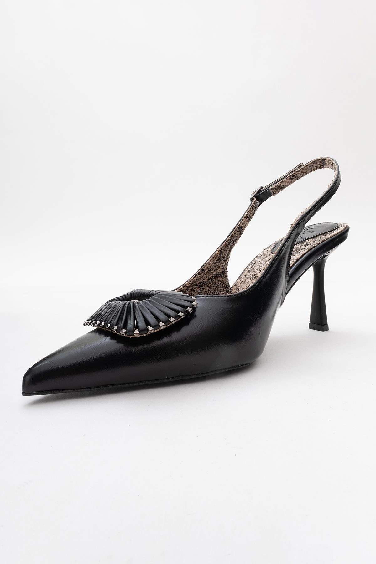 Spera - Black Patterned Buckle Slingback Stiletto – heel view showing leather, black, SimmiUnique