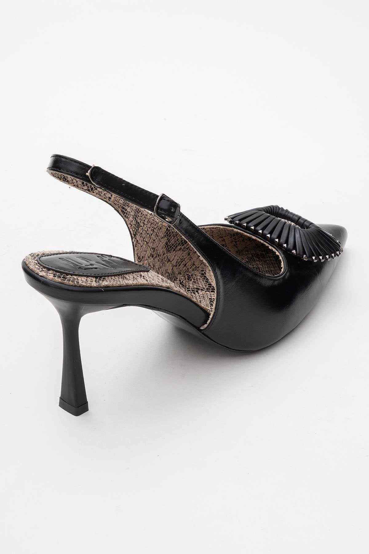 Spera - Black Patterned Buckle Slingback Stiletto – back view showing leather, black, SimmiUnique