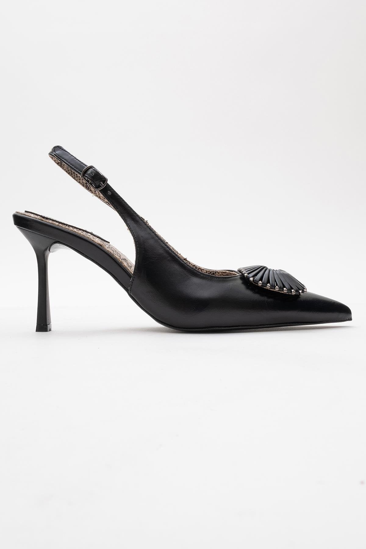 Spera - Black Patterned Buckle Slingback Stiletto – top view showing leather, black, SimmiUnique