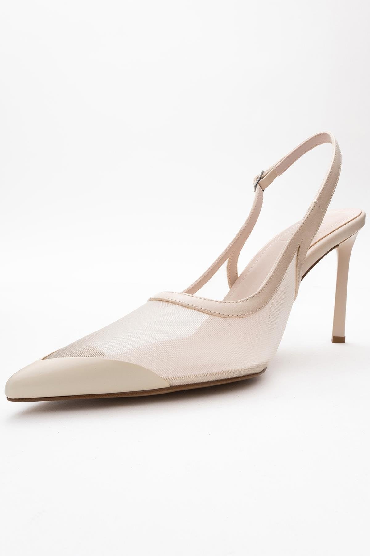 Venas - Beige Mesh High Heel Shoe – heel view showing leather, mesh, SimmiUnique