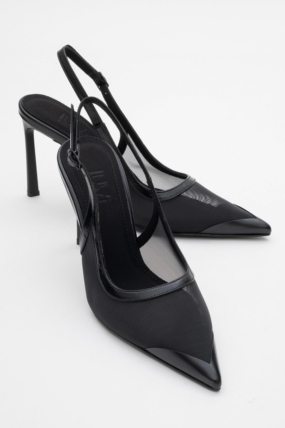 Venas - Black Mesh Slingback Stiletto – front three-quarter view showing leather, mesh, black, SimmiUnique