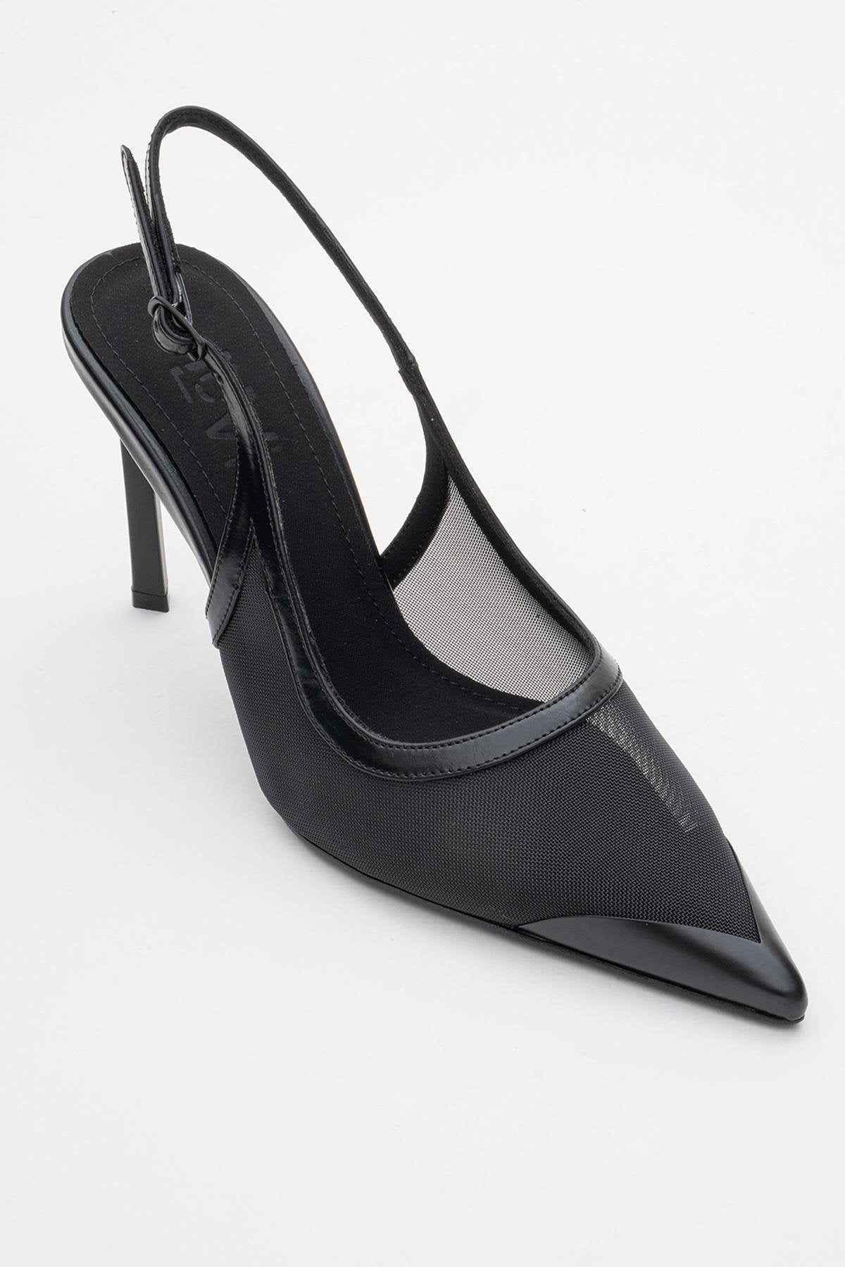 Venas - Black Mesh Slingback Stiletto – detail view showing leather, mesh, black, SimmiUnique