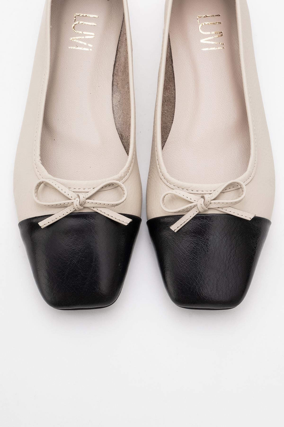 Romy - Off-White-Black Genuine Leather Square Toe Bow Ballet Flat – side view showing bow, leather, white, SimmiUnique