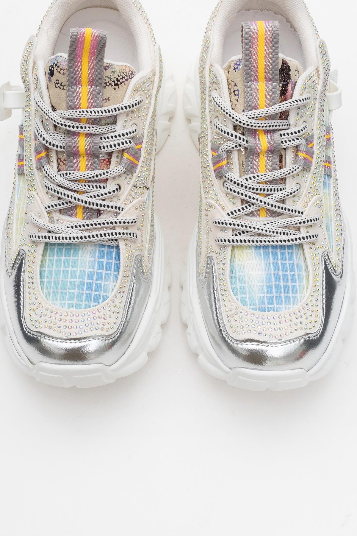 Noi - White/Silver Embellished Sneaker – side view showing leather, white, silver, SimmiUnique