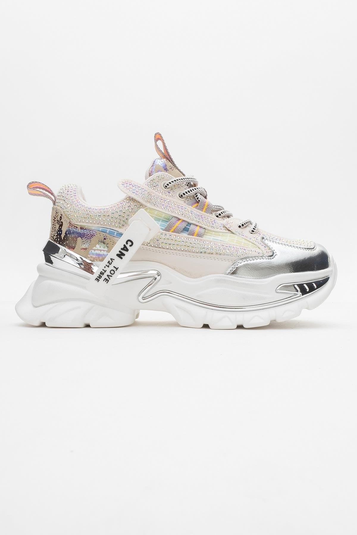 Noi - White/Silver Embellished Sneaker – top view showing leather, white, silver, SimmiUnique