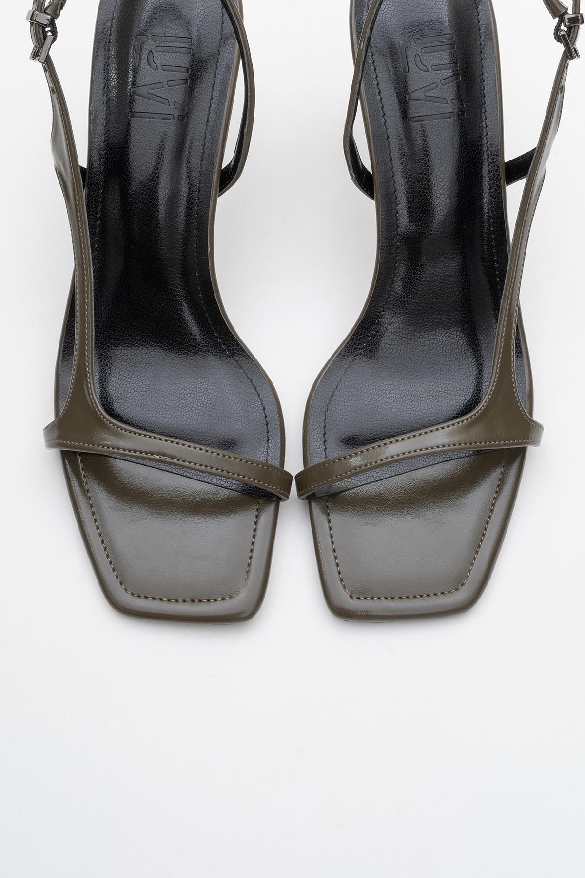Melby - Khaki Heeled Shoe – side view showing leather, SimmiUnique