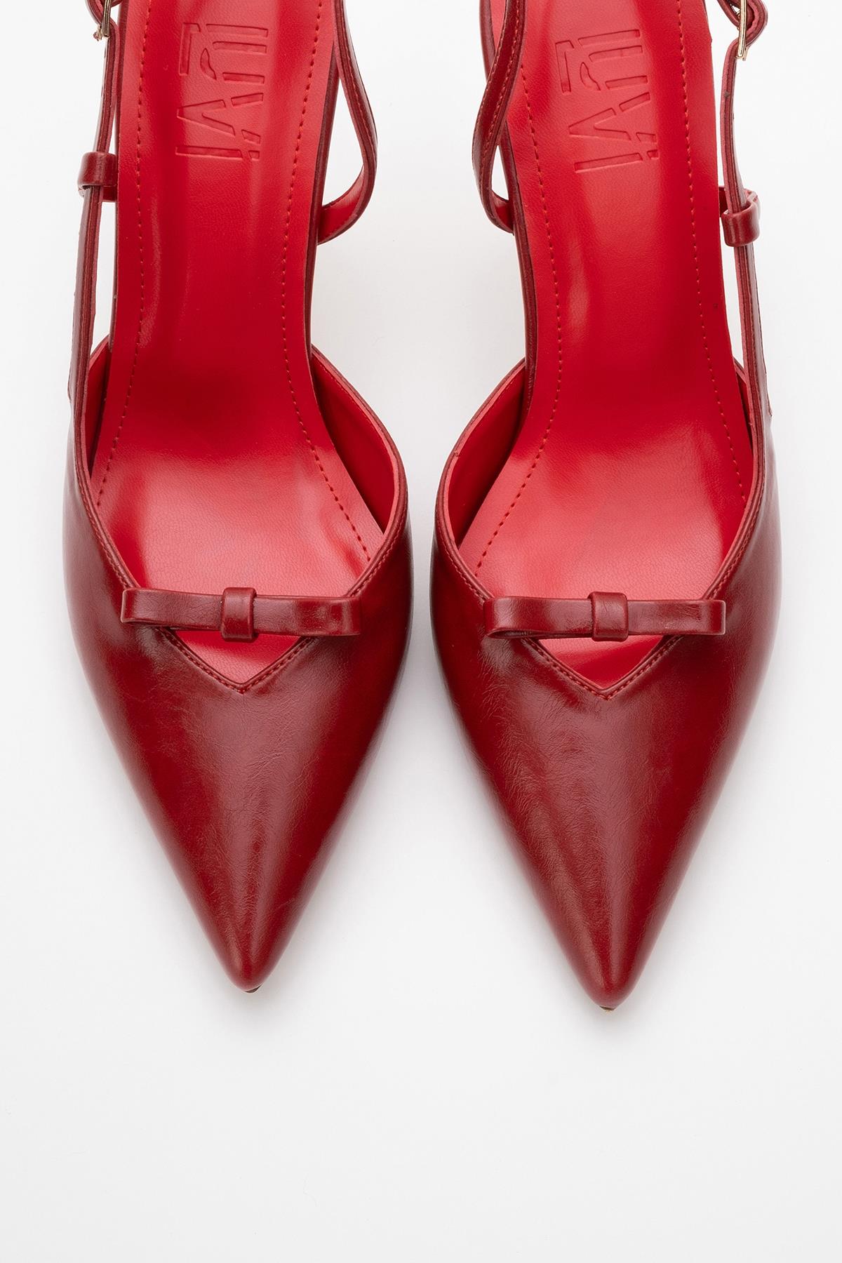 Apel - Red High Heel Shoe – side view showing bow, leather, red, SimmiUnique
