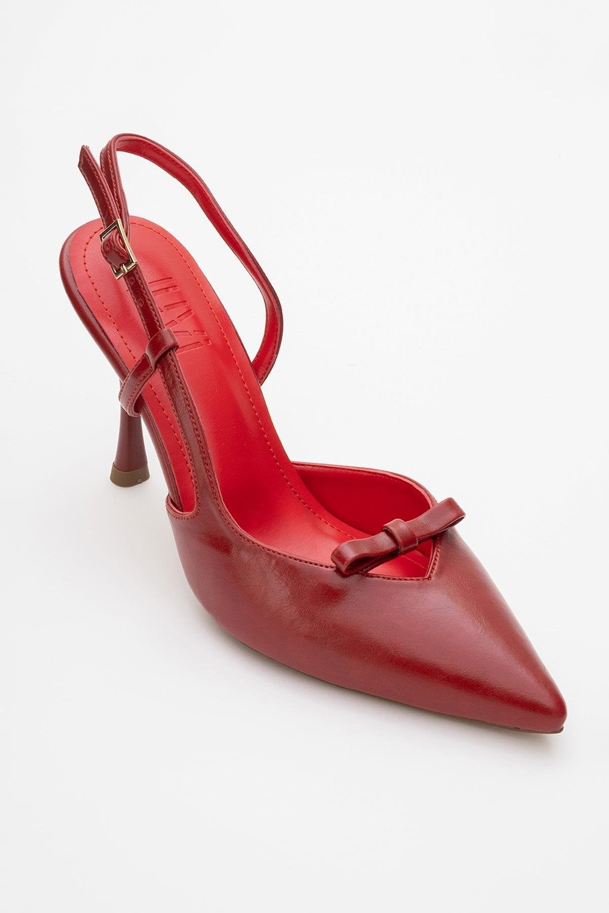 Apel - Red High Heel Shoe – detail view showing bow, leather, red, SimmiUnique