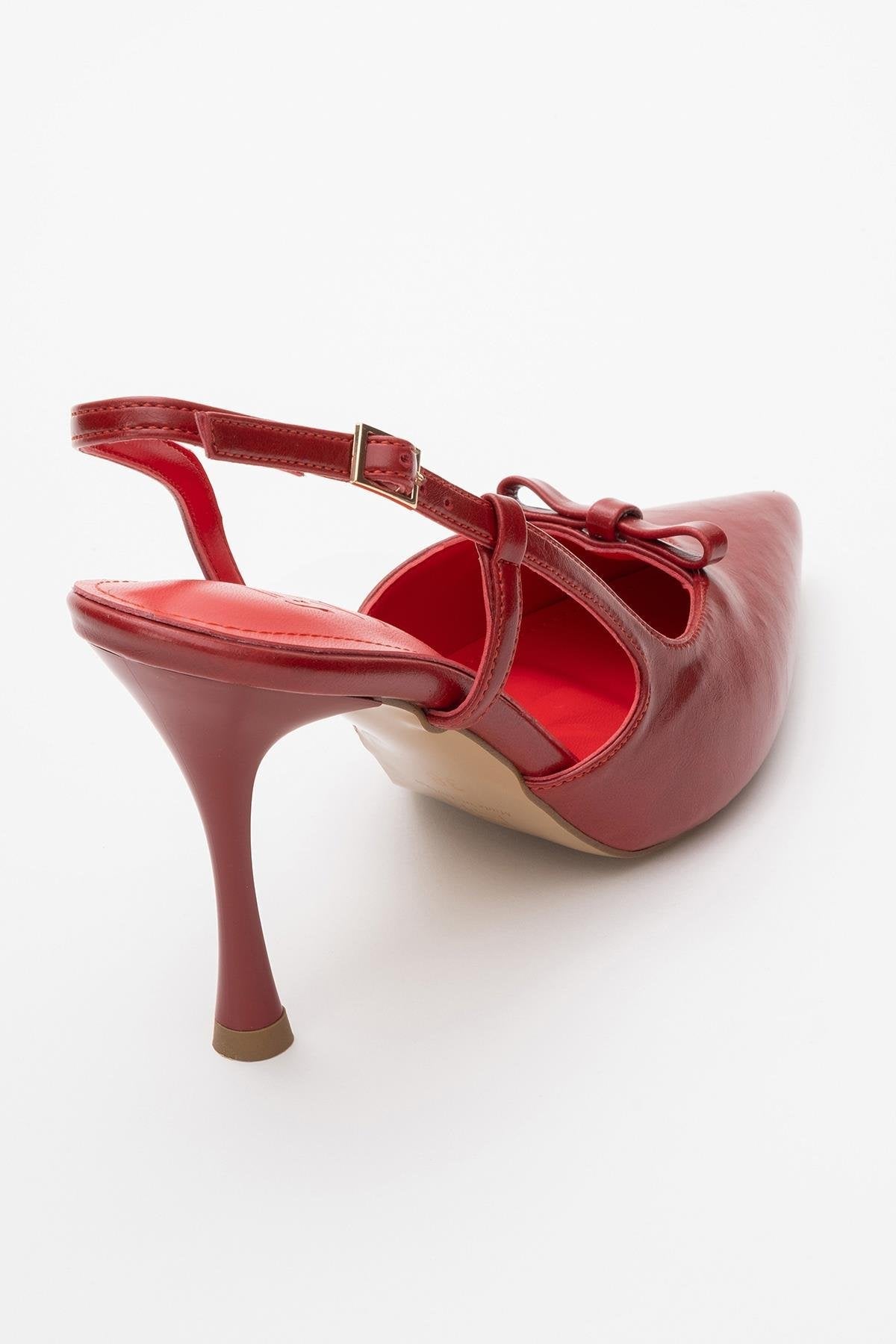 Apel - Red High Heel Shoe – back view showing bow, leather, red, SimmiUnique