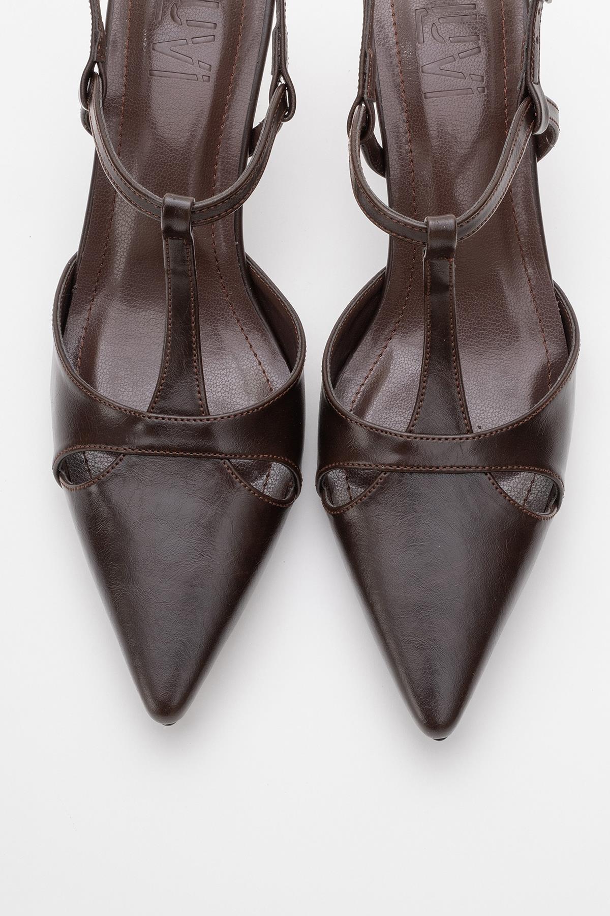 Abelia - Brown Stiletto Heel Shoe – side view showing leather, red, SimmiUnique