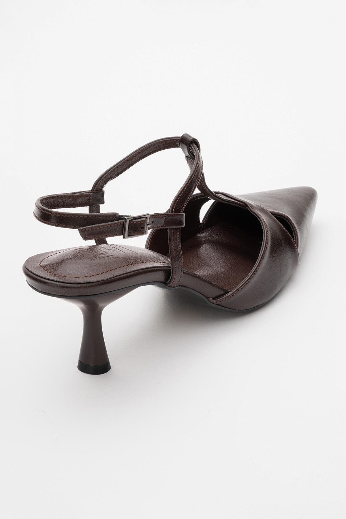 Abelia - Brown Stiletto Heel Shoe – back view showing leather, red, SimmiUnique