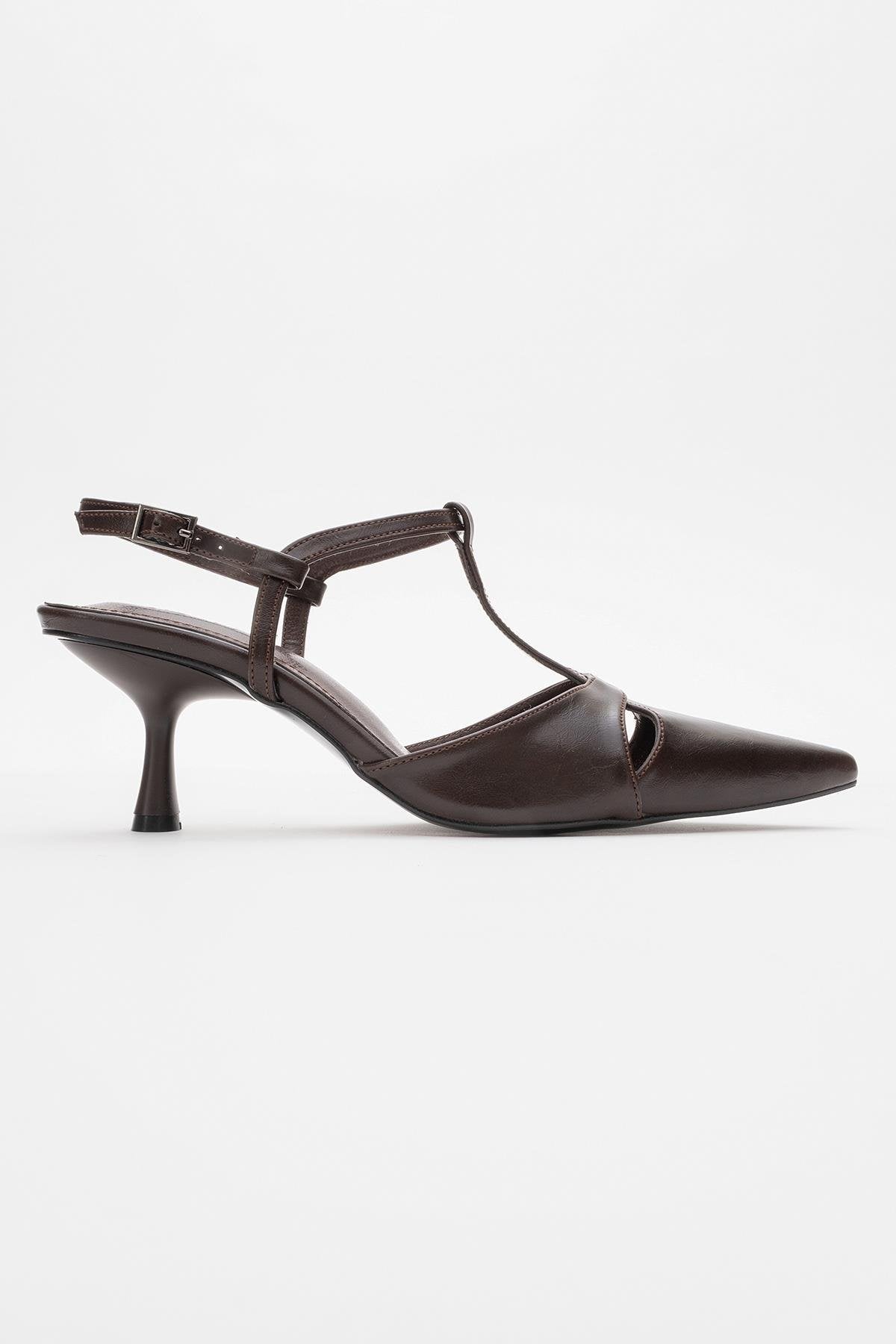 Abelia - Brown Stiletto Heel Shoe – top view showing leather, red, SimmiUnique