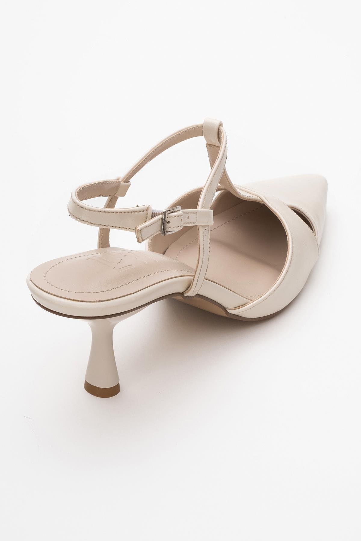 Abelia - Off-White Stiletto Heel Shoe – back view showing leather, white, SimmiUnique