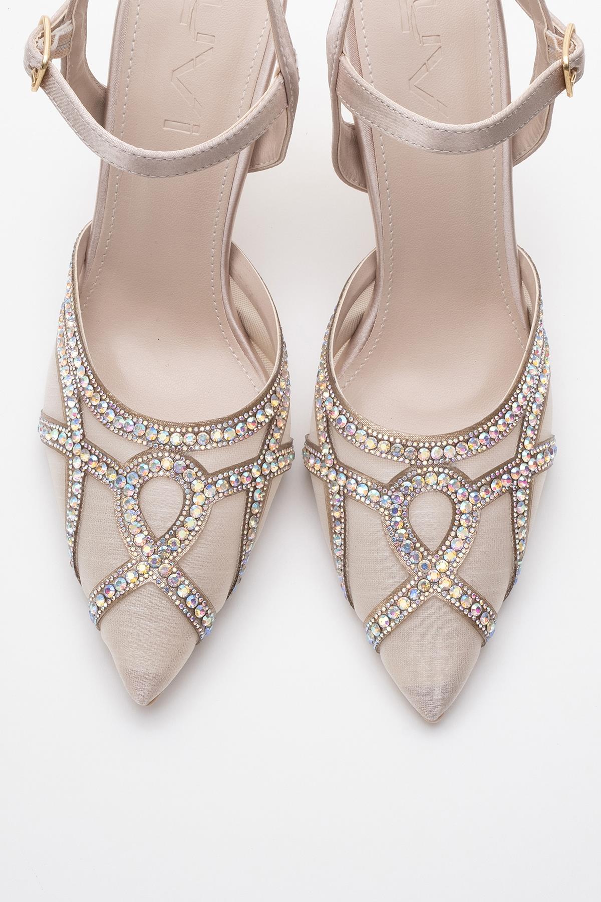 Volby - Beige Embellished Evening Shoe – side view showing crystal, satin, leather, SimmiUnique