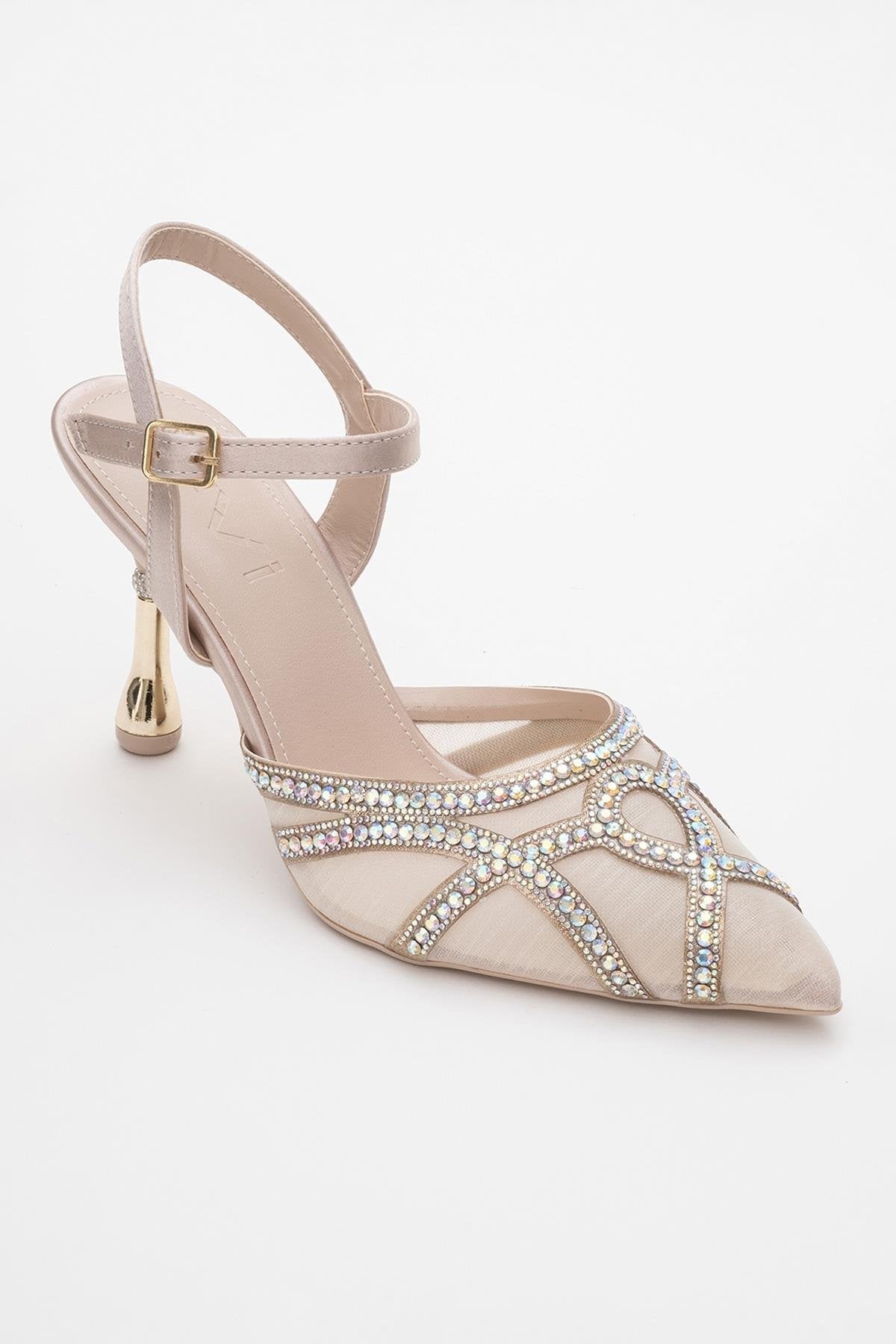Volby - Beige Embellished Evening Shoe – detail view showing crystal, satin, leather, SimmiUnique