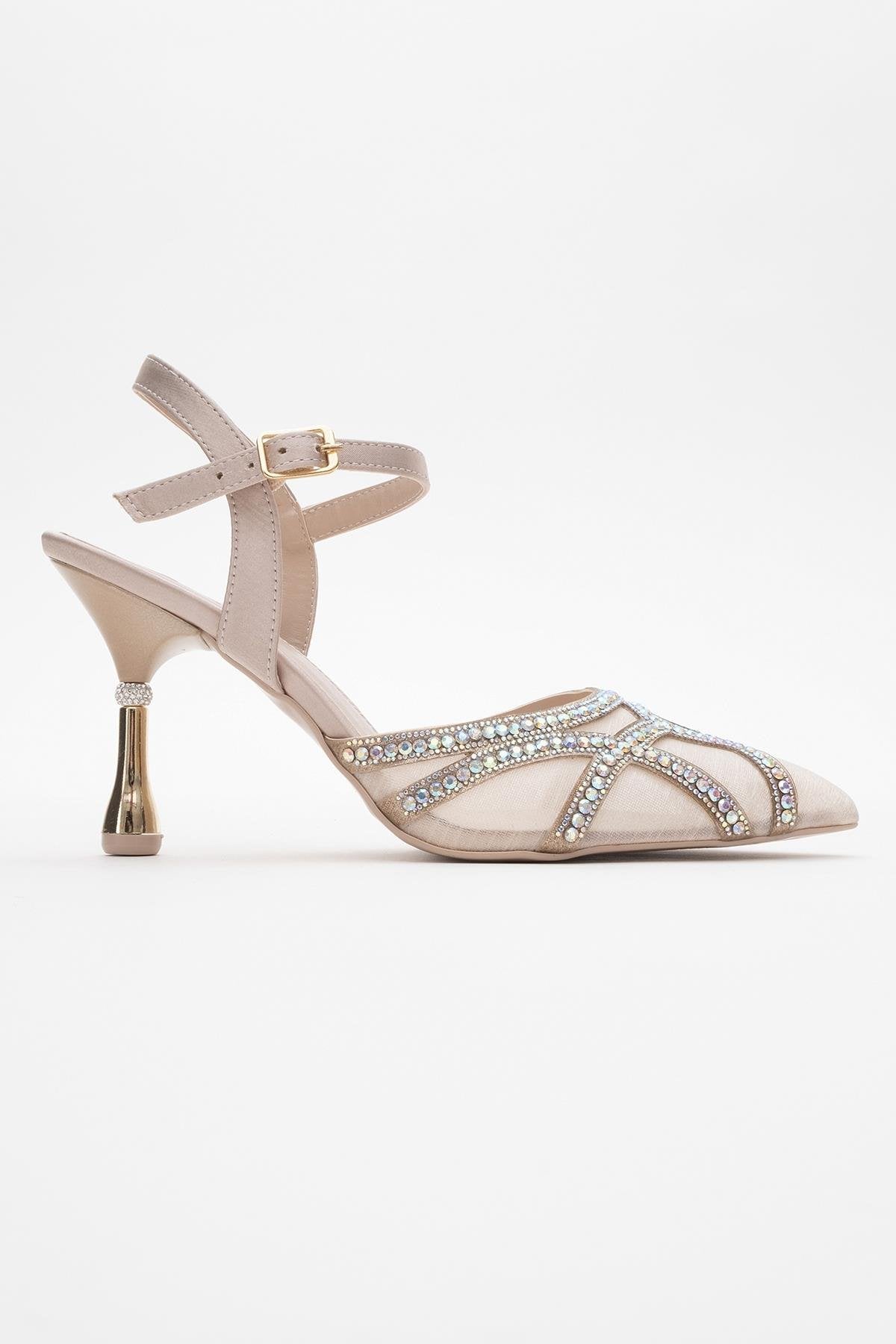 Volby - Beige Embellished Evening Shoe – top view showing crystal, satin, leather, SimmiUnique