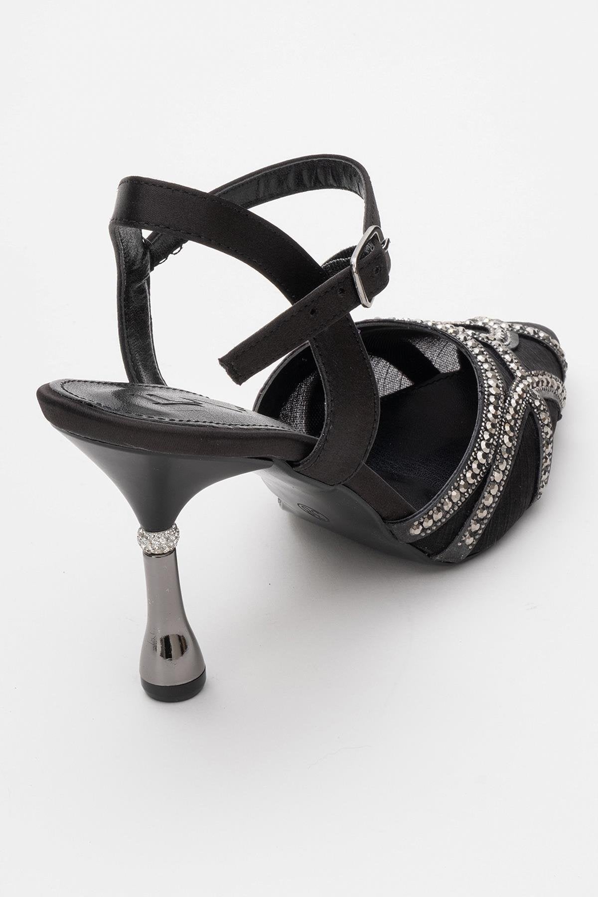 Volby - Black Embellished Evening Shoe – back view showing satin, leather, black, SimmiUnique