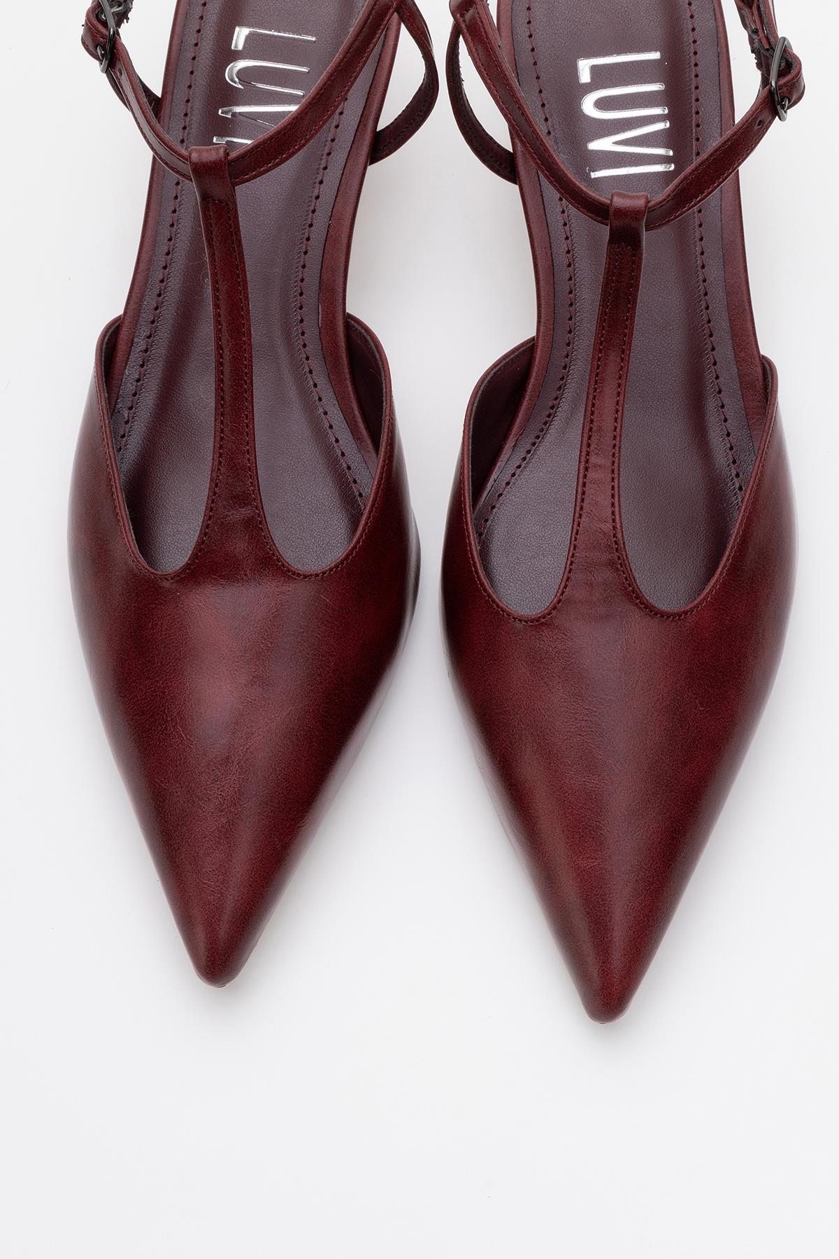 Asher - Burgundy Pointed Toe Backless Low Heel Pump – side view showing leather, SimmiUnique