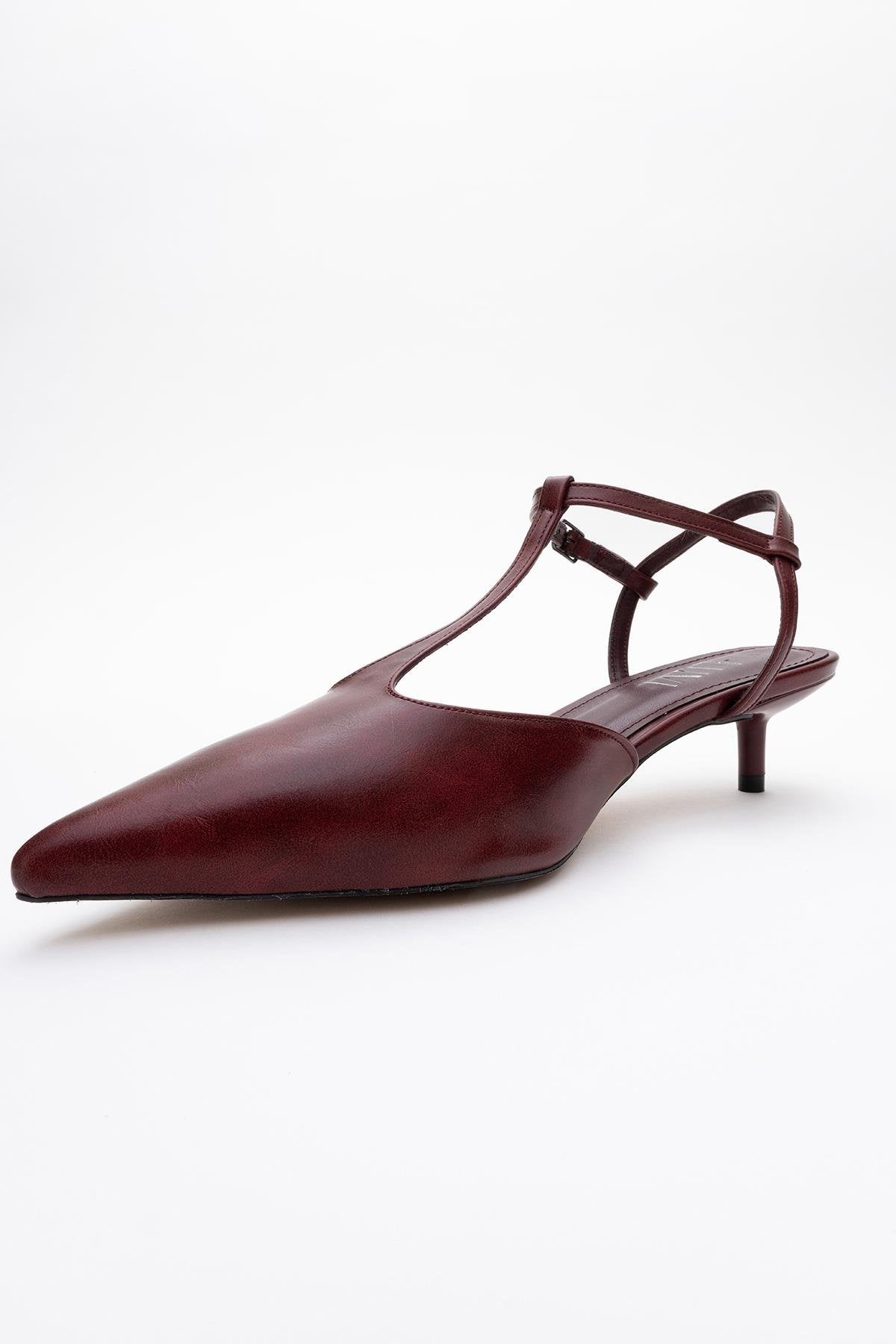 Asher - Burgundy Pointed Toe Backless Low Heel Pump – heel view showing leather, SimmiUnique