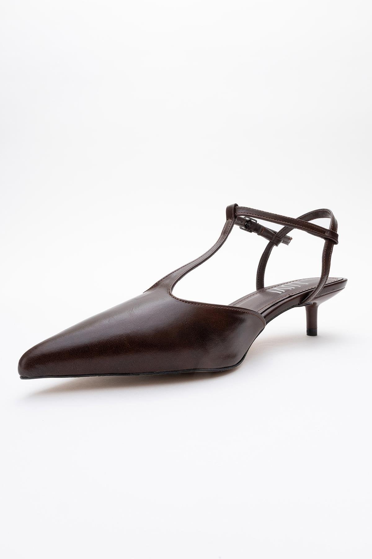 Asher - Brown Pointed Toe Backless Low Heel Pump – heel view showing leather, SimmiUnique