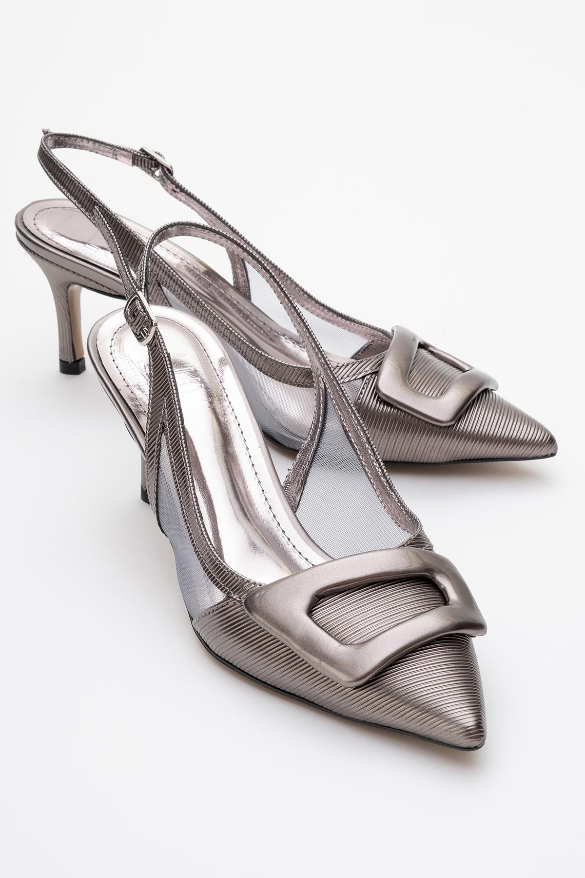 Foley - Platinum Striped Pointed Toe Backless Stiletto Pump – front three-quarter view showing leather, SimmiUnique