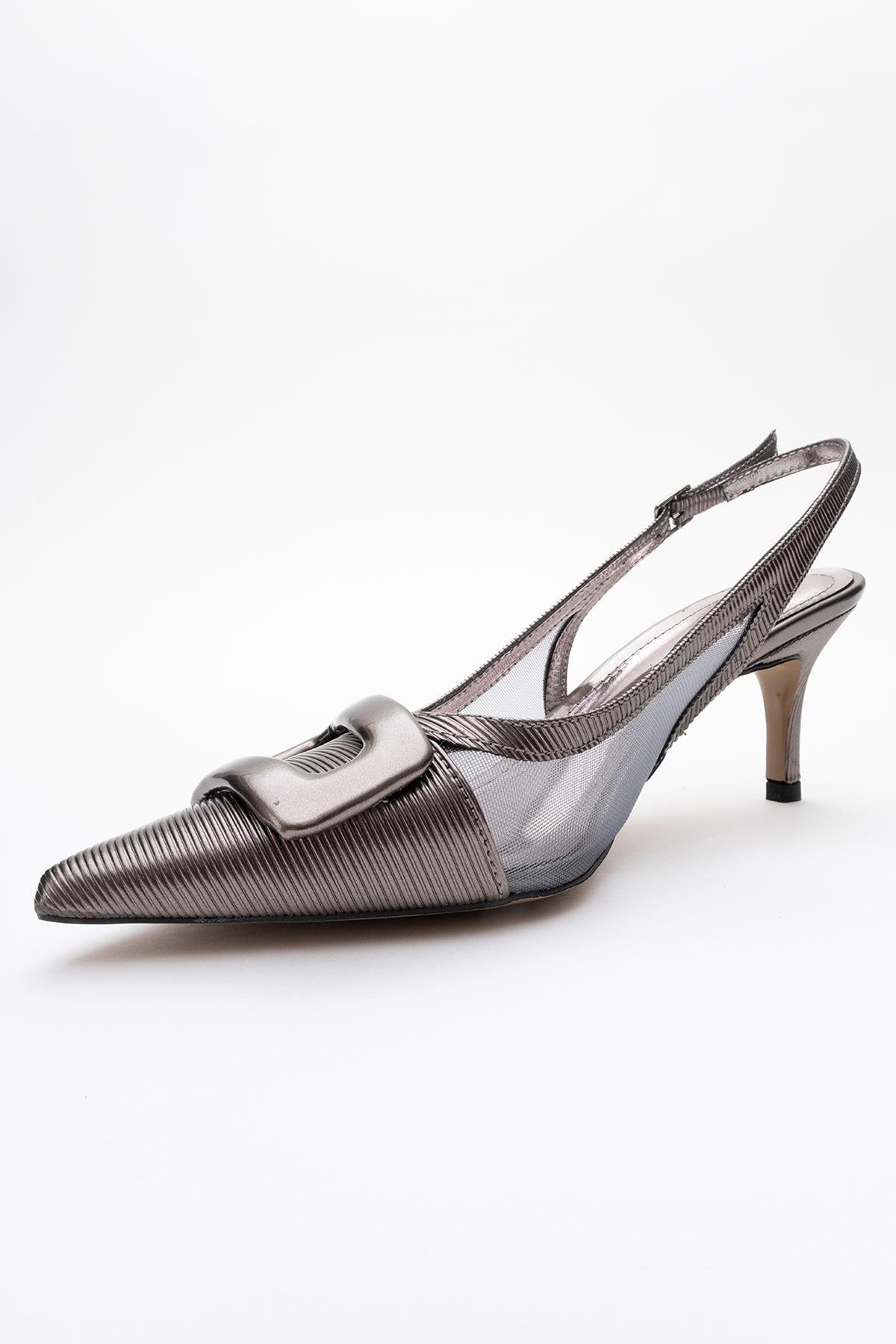 Foley - Platinum Striped Pointed Toe Backless Stiletto Pump – detail view showing leather, SimmiUnique