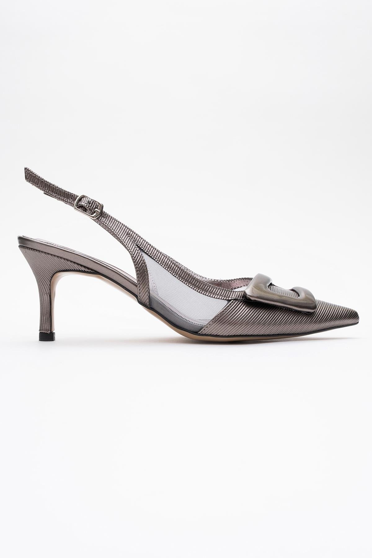 Foley - Platinum Striped Pointed Toe Backless Stiletto Pump – back view showing leather, SimmiUnique