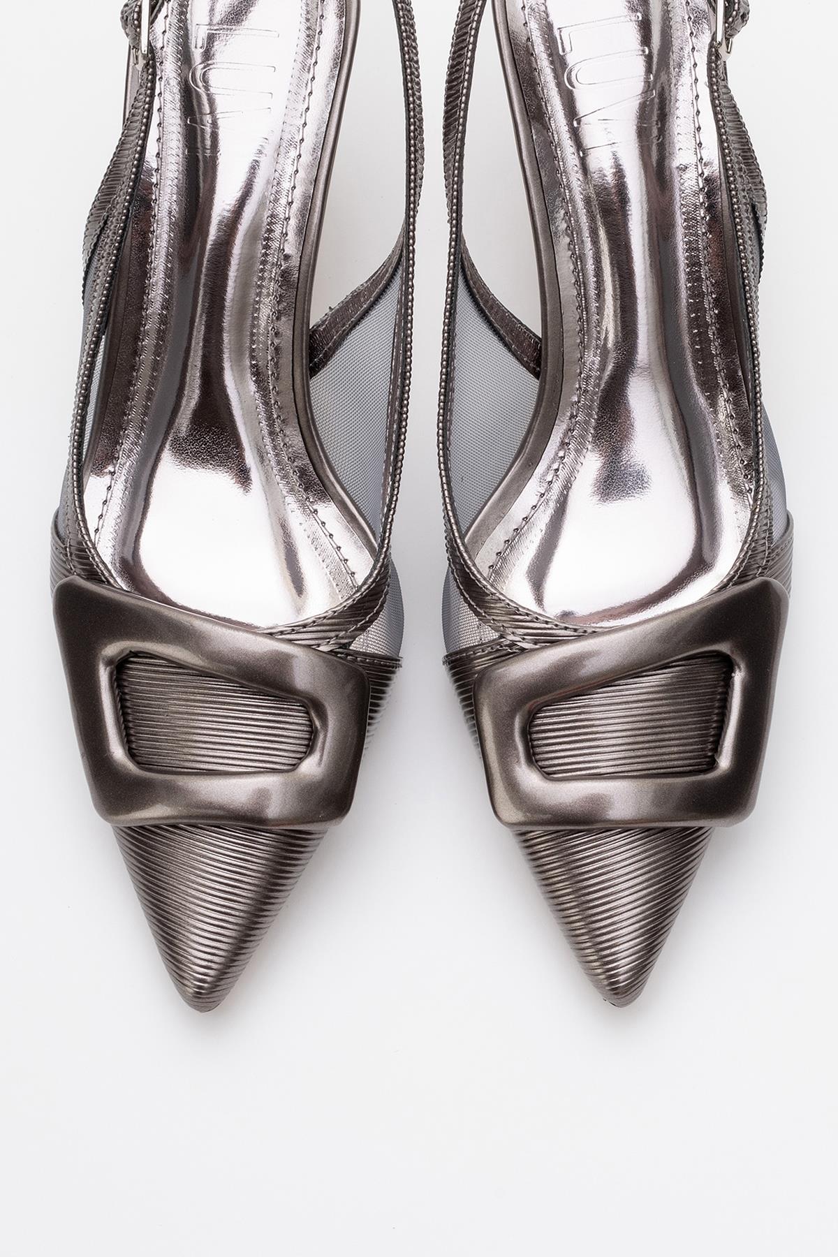 Foley - Platinum Striped Pointed Toe Backless Stiletto Pump – top view showing leather, SimmiUnique