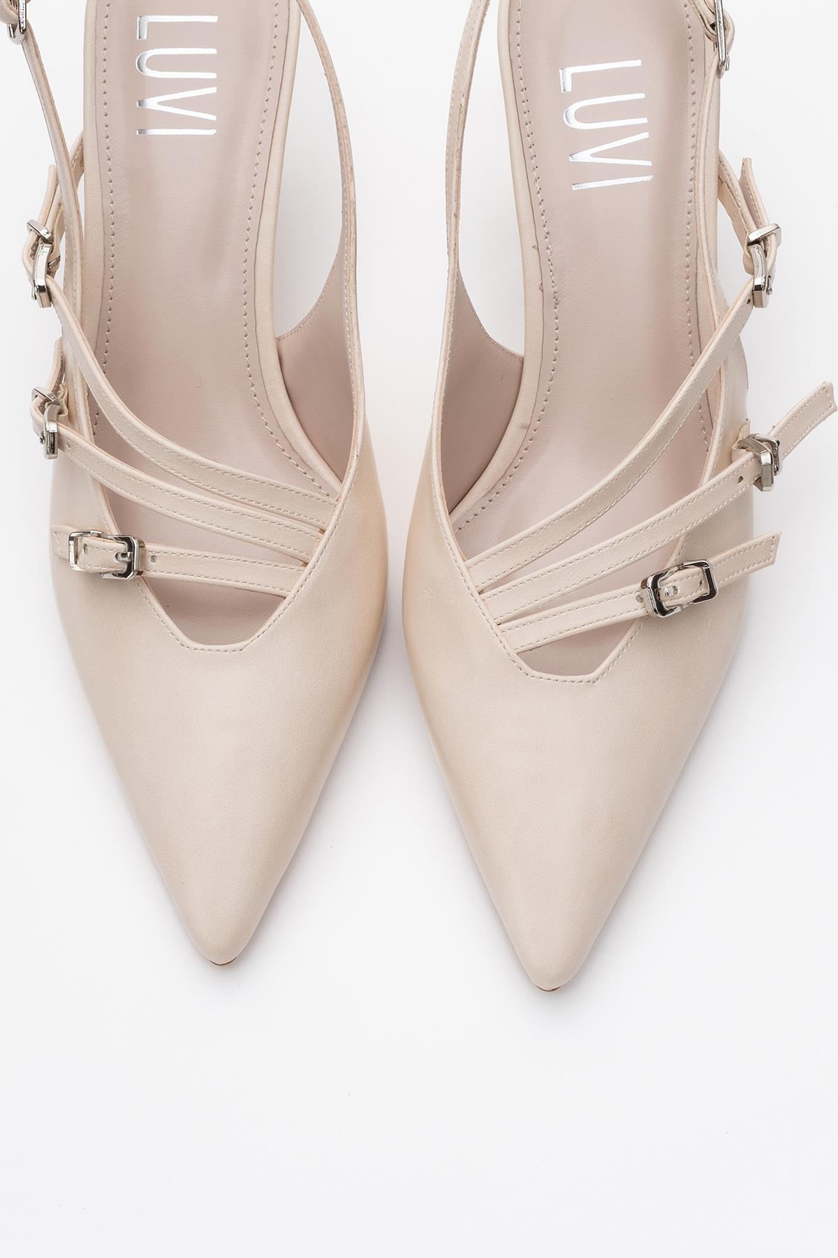 Magra Beige Cilt Pointed-Toe Slingback Stiletto – side view showing leather, red, SimmiUnique