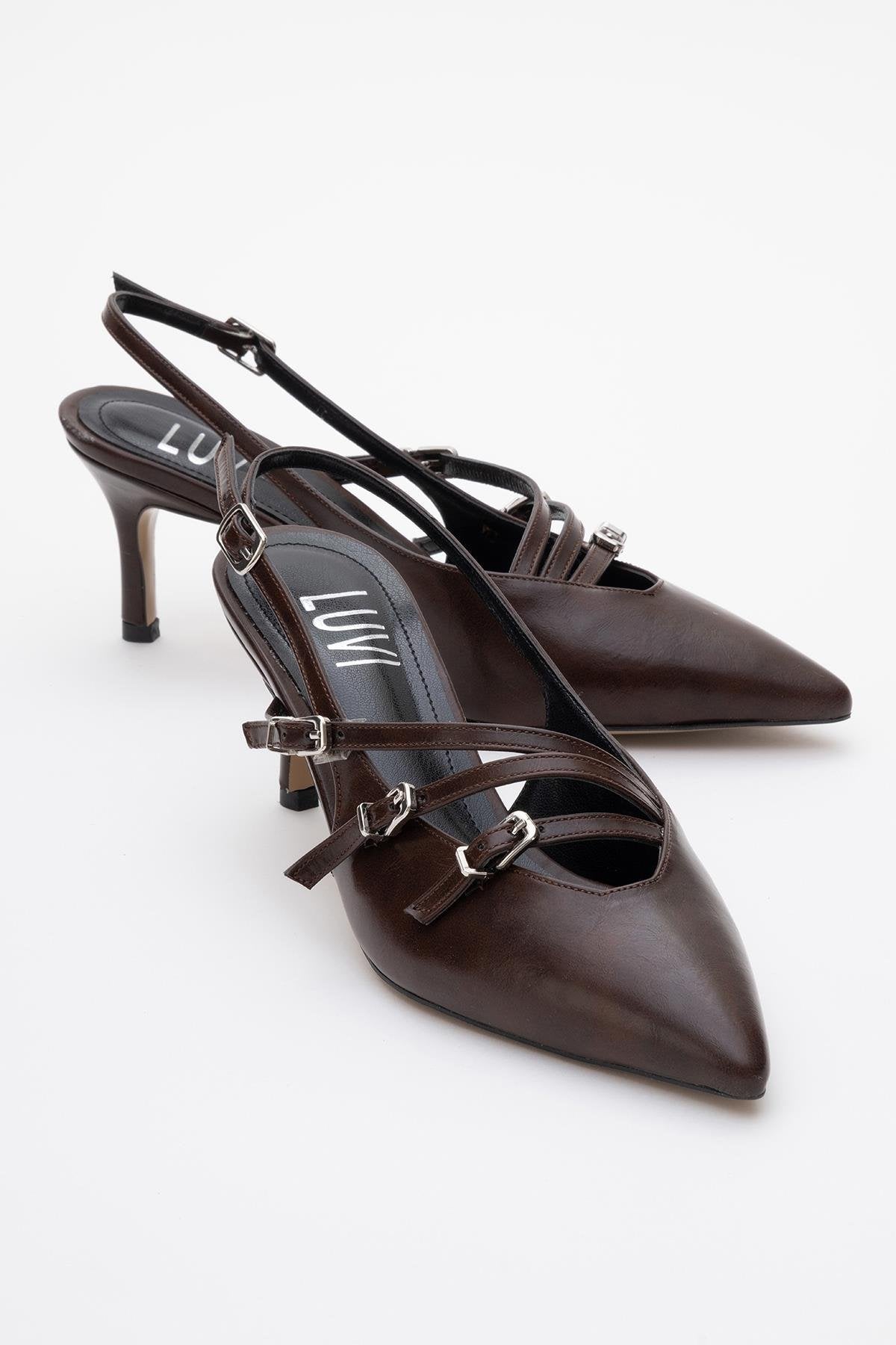 Magra Brown Cilt Pointed-Toe Slingback Stiletto – front three-quarter view showing leather, red, SimmiUnique