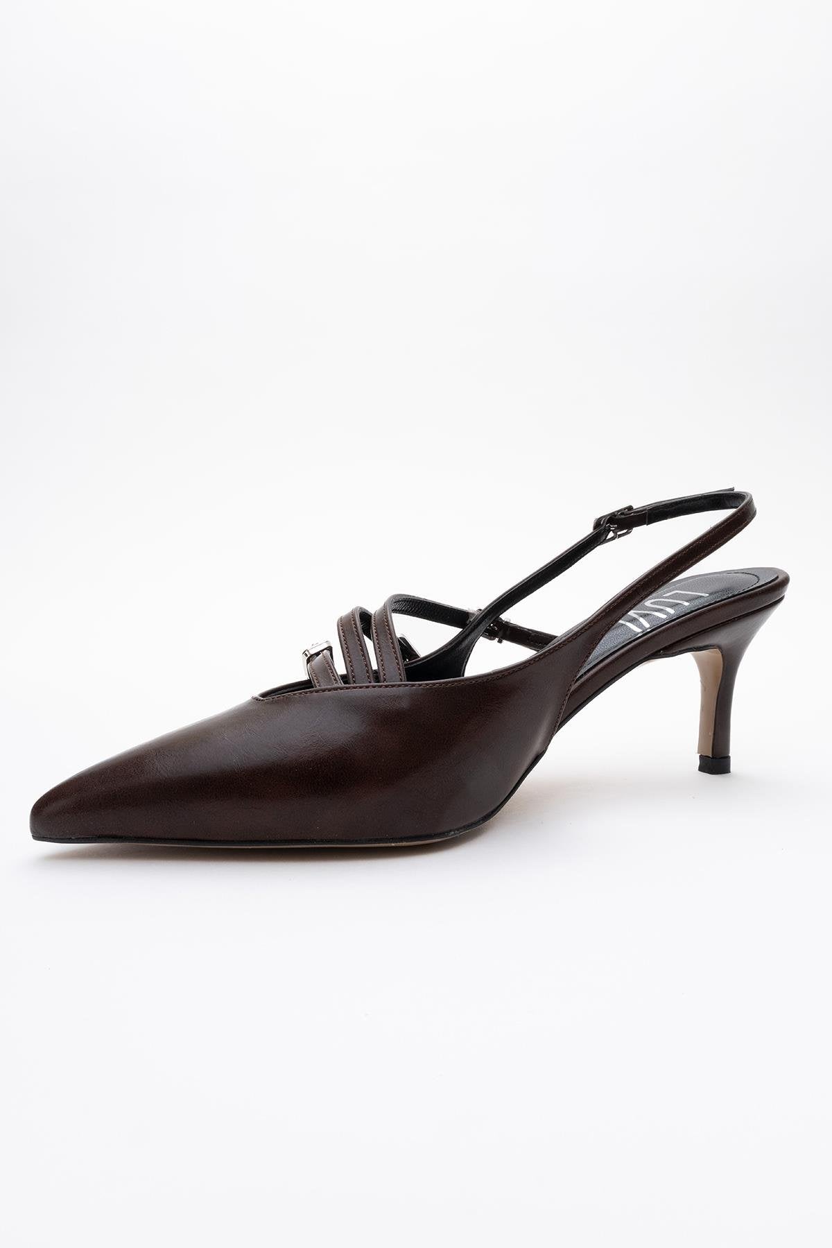 Magra Brown Cilt Pointed-Toe Slingback Stiletto – heel view showing leather, red, SimmiUnique