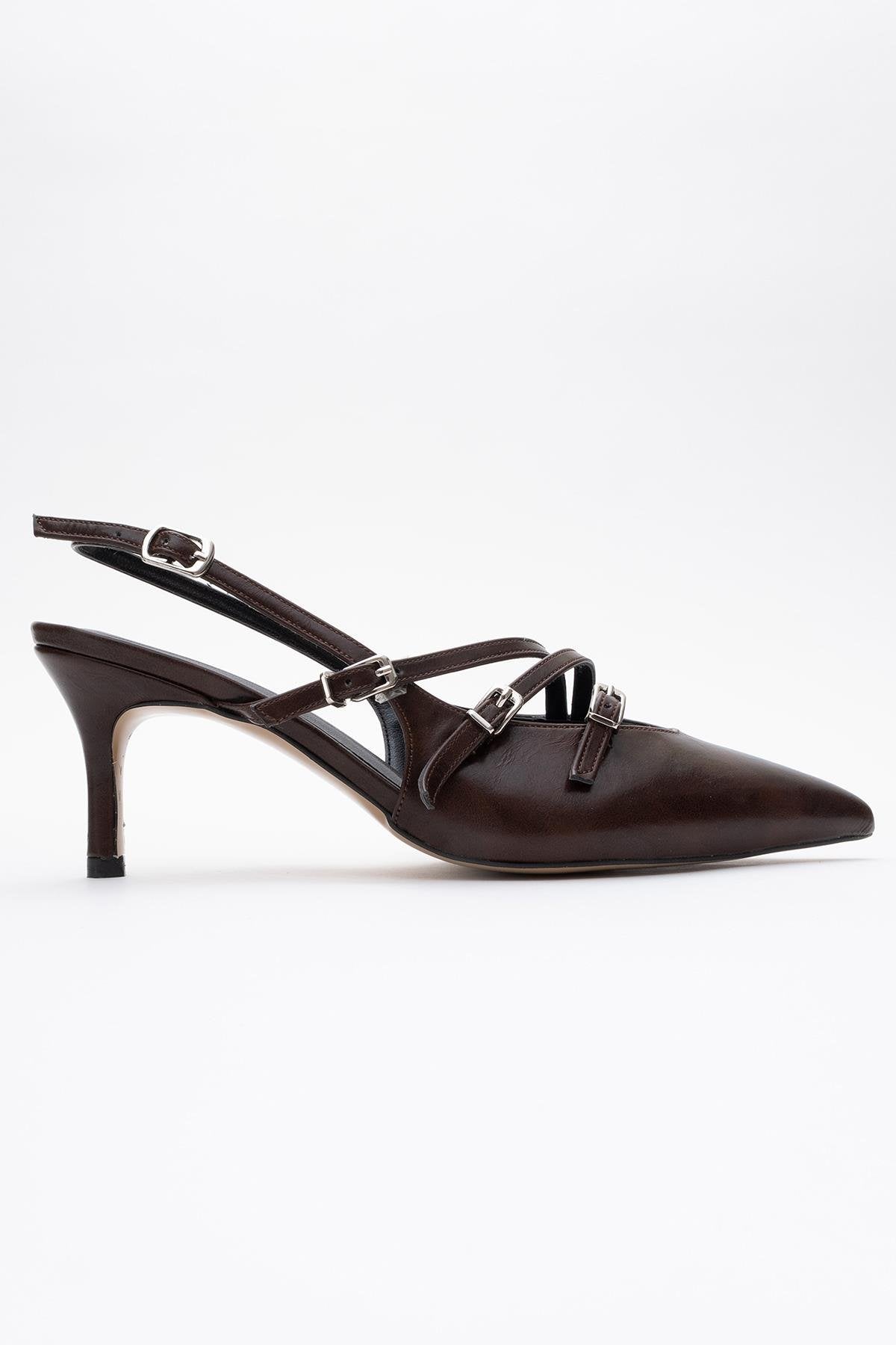 Magra Brown Cilt Pointed-Toe Slingback Stiletto – top view showing leather, red, SimmiUnique