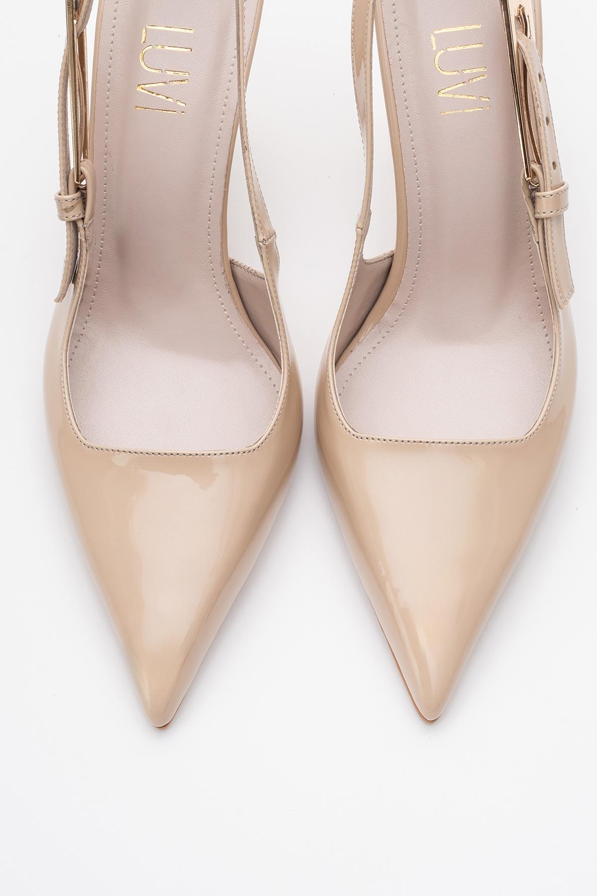 Glory - Beige Patent Buckled Stiletto Pump – side view showing leather, SimmiUnique