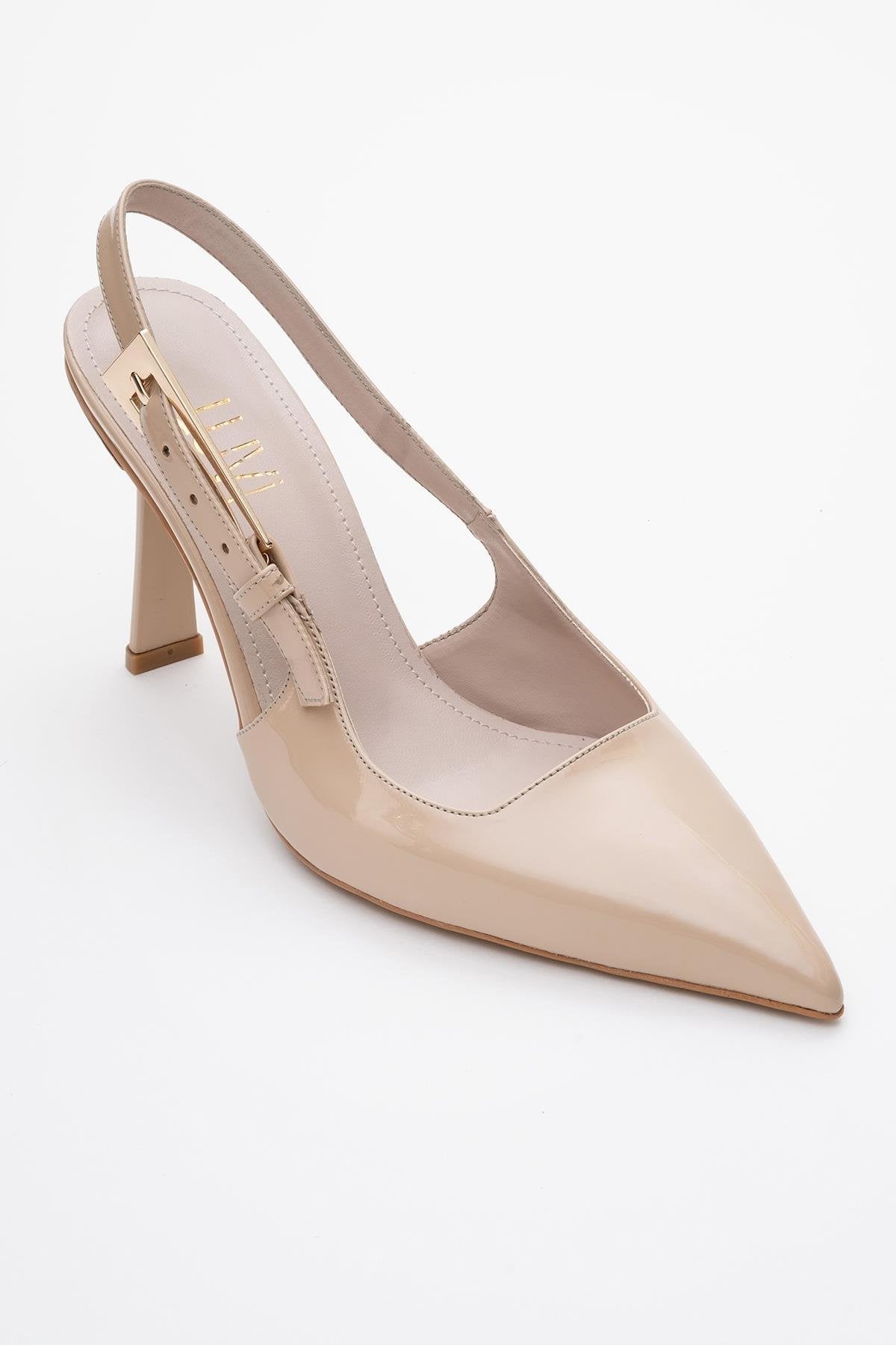 Glory - Beige Patent Buckled Stiletto Pump – detail view showing leather, SimmiUnique