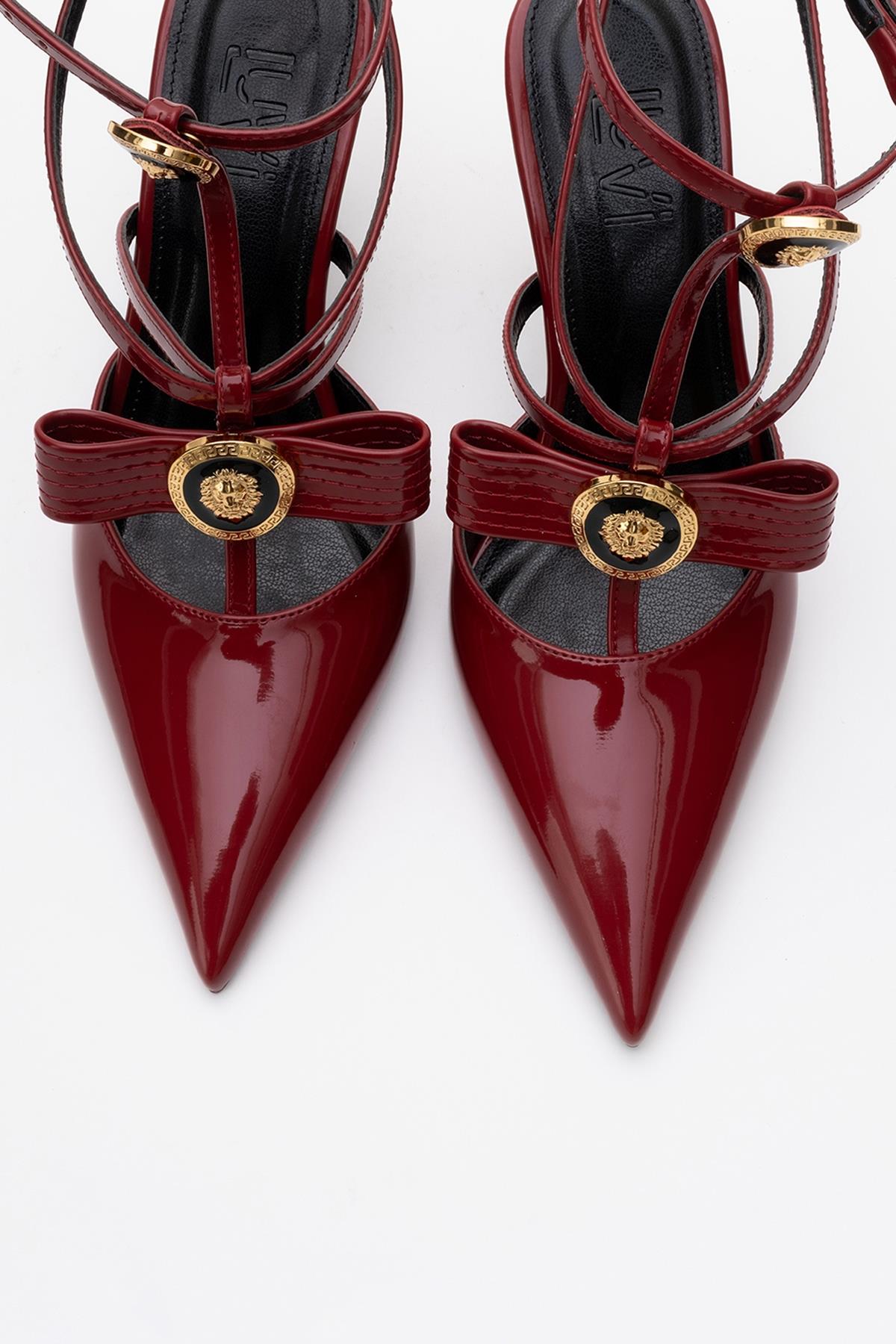 Peal - Burgundy Patent Heeled Shoe – detail view showing leather, SimmiUnique